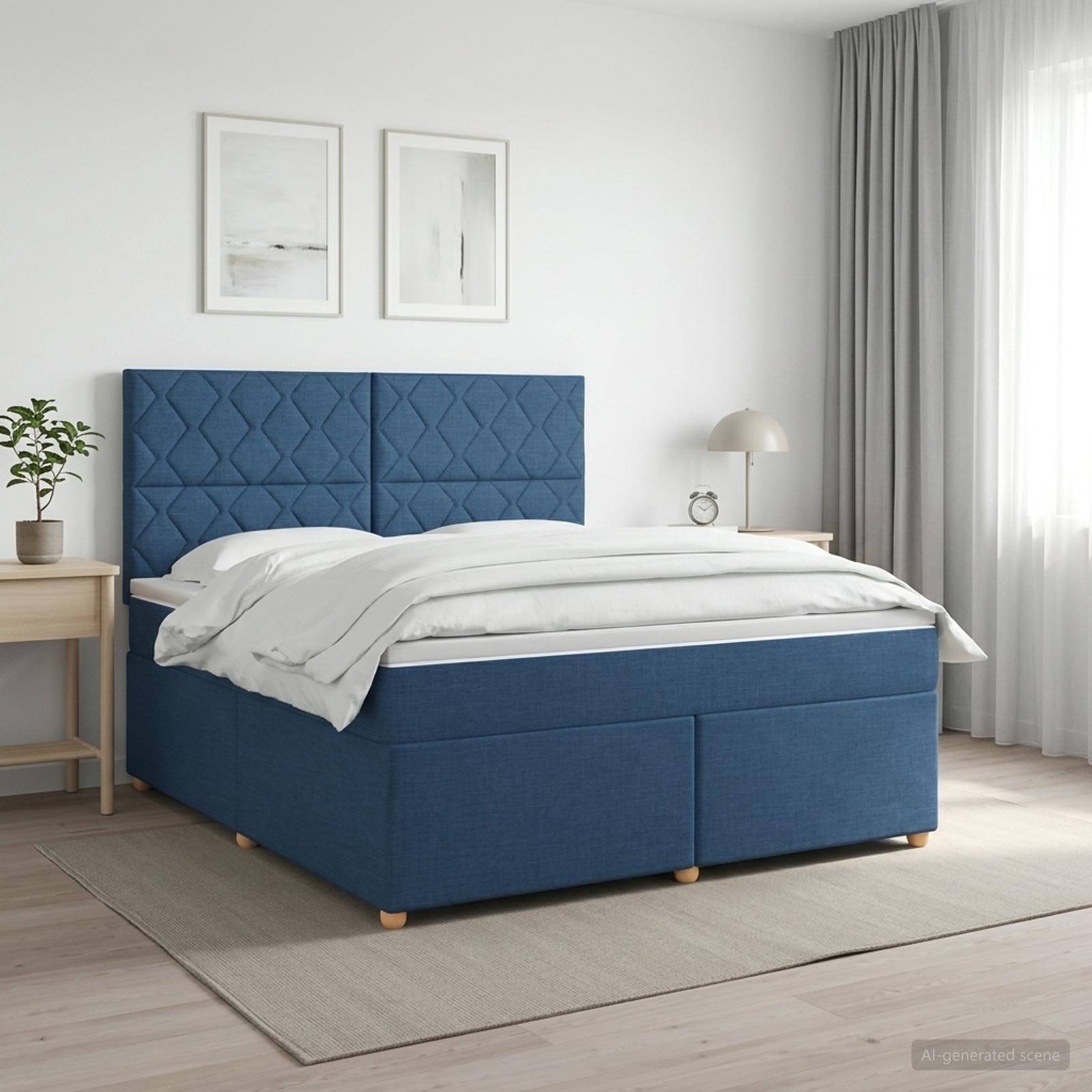 Ein blau gepolstertes Bett mit gestepptem Kopfteil und weißer Bettwäsche in einem hellen, minimalistischen Schlafzimmer mit Nachttisch, Lampe, Pflanze und Bilderrahmen an der Wand.