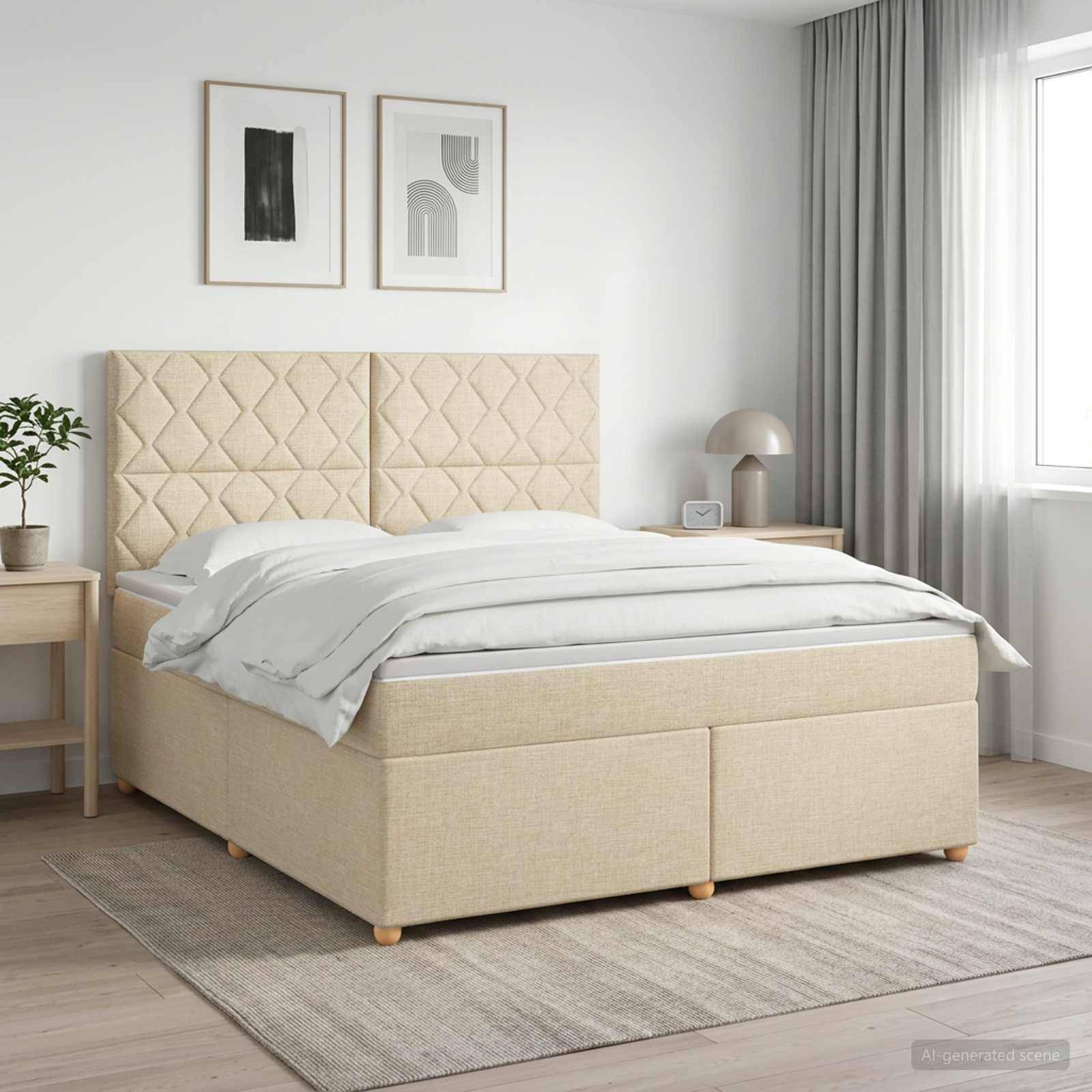 Modernes Bett mit beigefarbenem Polsterstoff und gestepptem Kopfteil in einem hellen, minimalistischen Schlafzimmer, eingedeckt mit weißer Bettwäsche mit Nachttisch und gerahmter Wandkunst.
