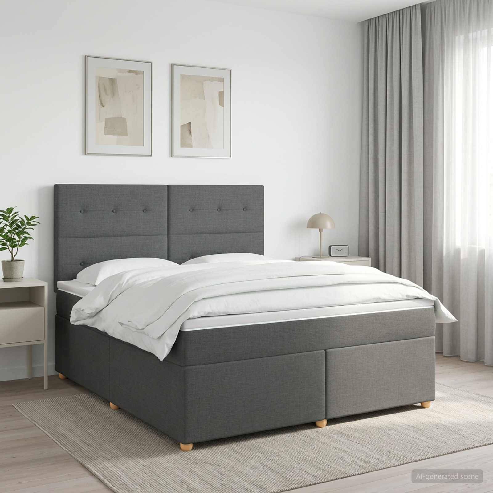 Ein ordentlich gemachtes grau gepolstertes Bett in einem hellen minimalistischen Schlafzimmer mit weißer Bettwäsche, gerahmten Wandbildern, einer Nachttischlampe und durchscheinenden Vorhängen.