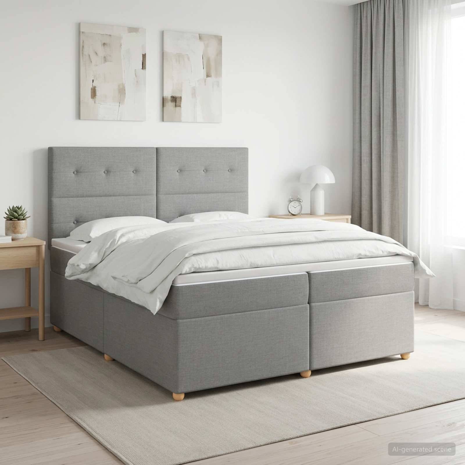 Modernes Schlafzimmer mit grauem gepolstertem Bett, weißer Bettwäsche, Nachttischen, Wandkunst und durchsichtigen Vorhängen in einem hellen, minimalistischen Raum.