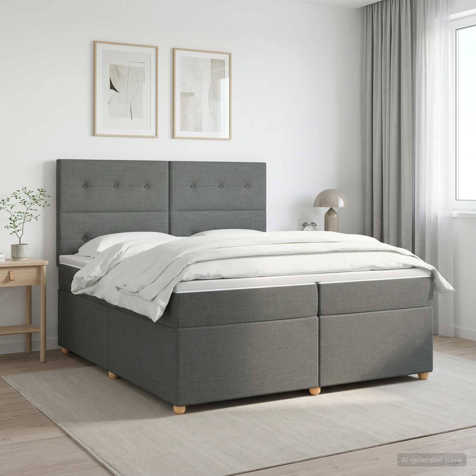 Modernes Schlafzimmer mit einem grau gepolsterten Ottomane-Bett, weißer Bettwäsche, Nachttisch, gerahmtem Wandbild und einem Fenster mit Vorhängen.