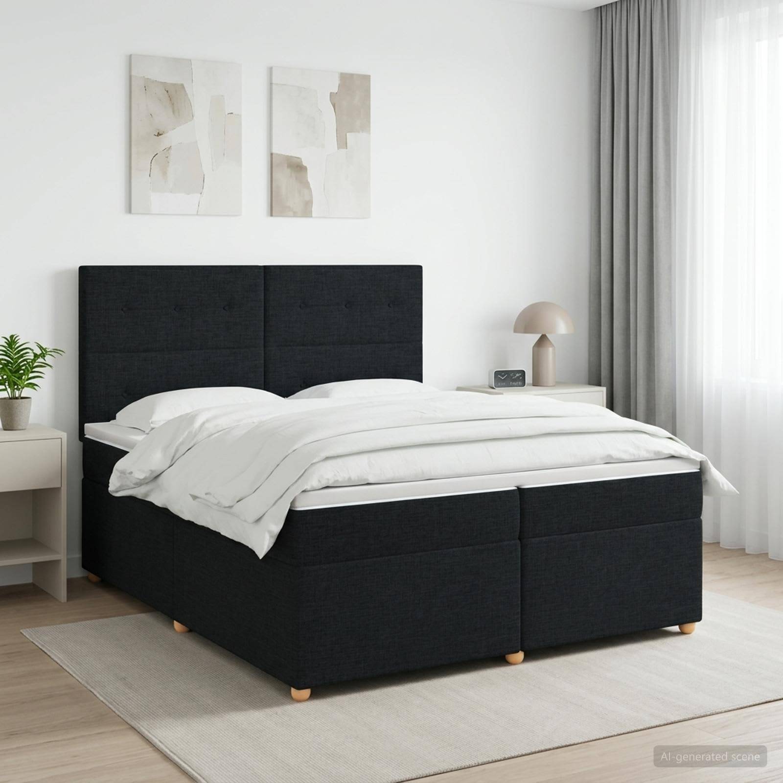 Modernes Schlafzimmer mit schwarzem Polsterbett, weißer Bettwäsche, Nachttischen, abstrakter Wandkunst und großem Fenster mit Vorhängen.