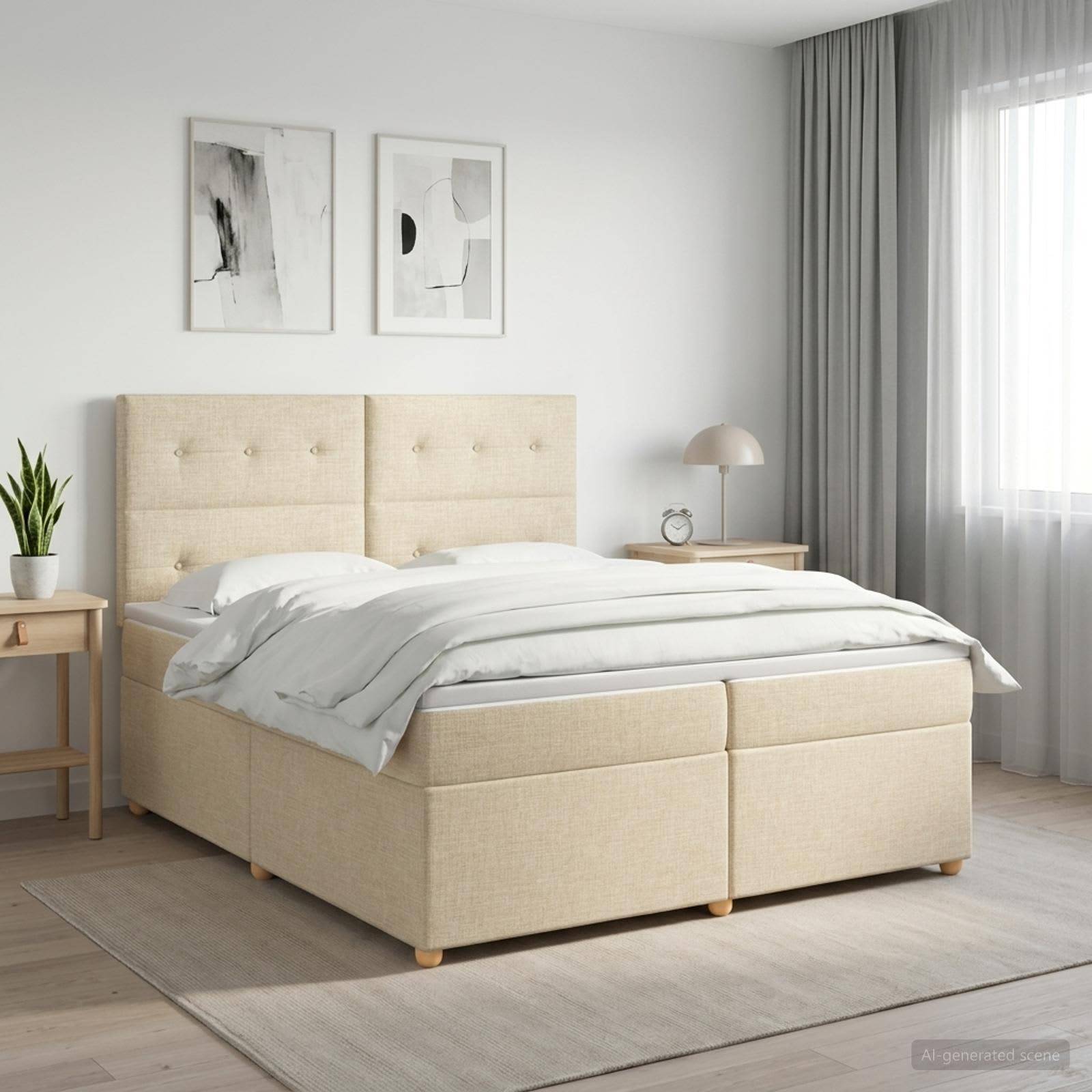 Ein ordentlich gemachtes beige gepolstertes Bett in einem hellen modernen Schlafzimmer mit Nachttischen, abstrakter Wandkunst, Vorhängen und weichem Naturlicht.