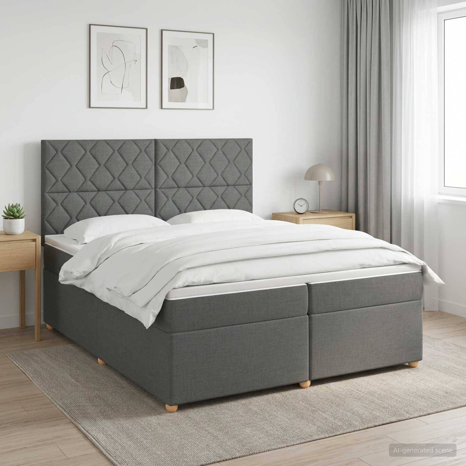 Modernes grau gepolstertes Bett mit gestepptem Kopfteil, weiße Bettwäsche, Stauraum-Ottomane als Basis und Nachttische in einem hellen, minimalistischen Schlafzimmer.
