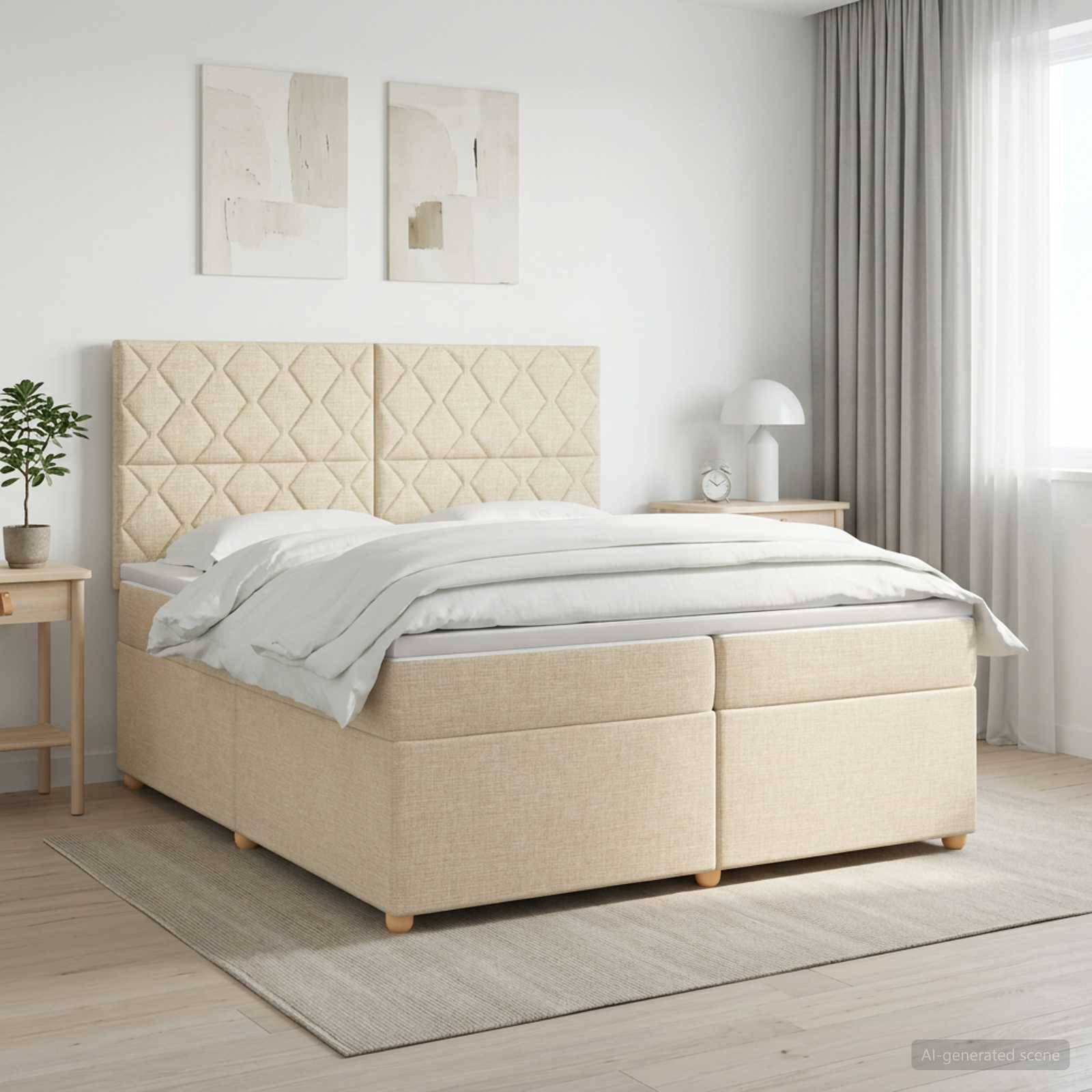 Helles minimalistisches Schlafzimmer mit einem beige gepolsterten Bett, weißer Bettwäsche, Nachttischen, Wandkunst und durchsichtigen Vorhängen neben einem Fenster.