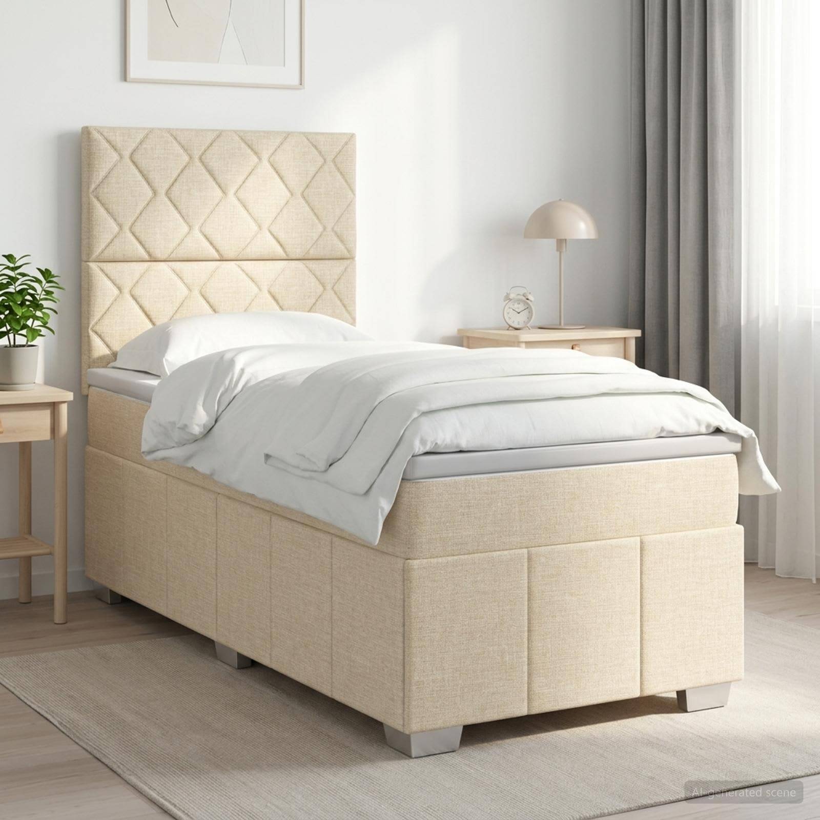 Beige gepolstertes Einzelbett mit rautengestepptem Kopfteil, weißer Bettwäsche und passenden Nachttischen in einem hellen, minimalistischen Schlafzimmer.