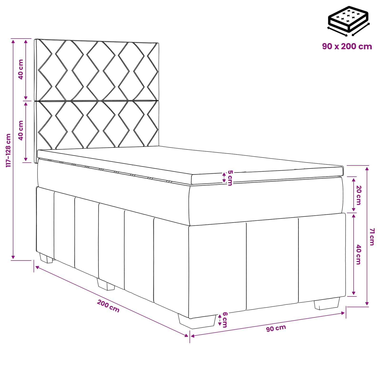 Illustrierte Stauraumbettbank mit gesteppter Rückenlehne; Abmessungen dargestellt: 200 x 90 cm Grundfläche, 117–128 cm Höhe, 40 cm Rückenlehnenabschnitte, 71 cm Seitenhöhe.