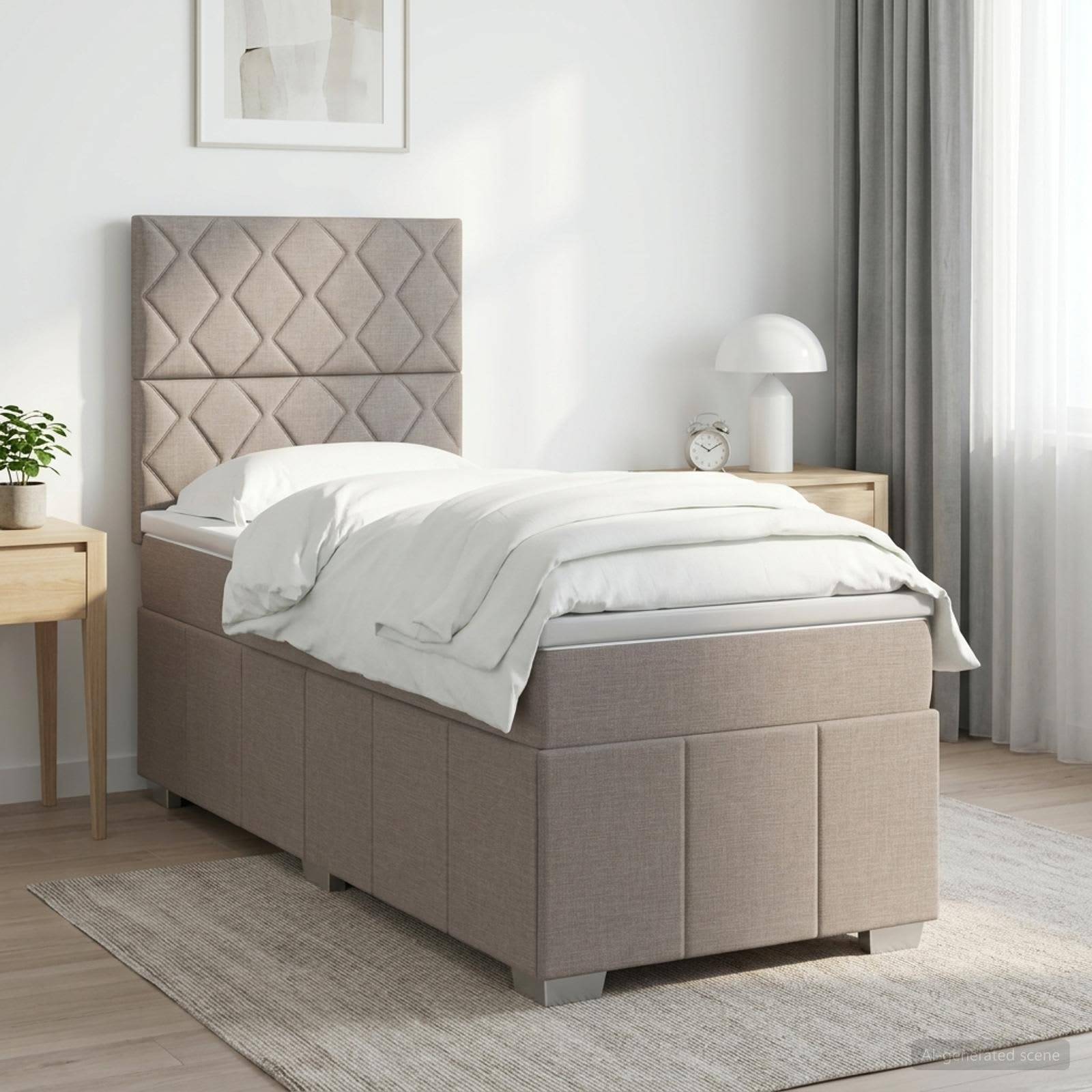 Modernes gepolstertes Einzelbett mit gepolstertem Kopfteil, weißer Bettwäsche und Stauraumbasis in einem hellen Minimalschlafzimmer.