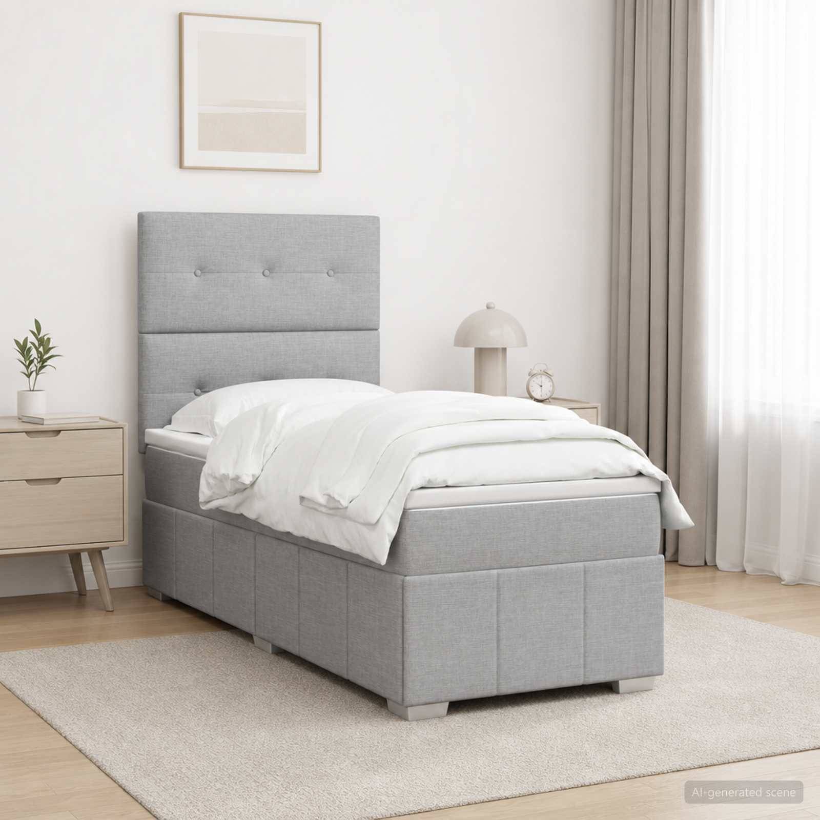 Modernes Schlafzimmer mit einem grau gepolsterten Einzelbett, weißer Bettwäsche, Nachttisch, Lampe und transparenten Vorhängen auf einem hellen Teppich.
