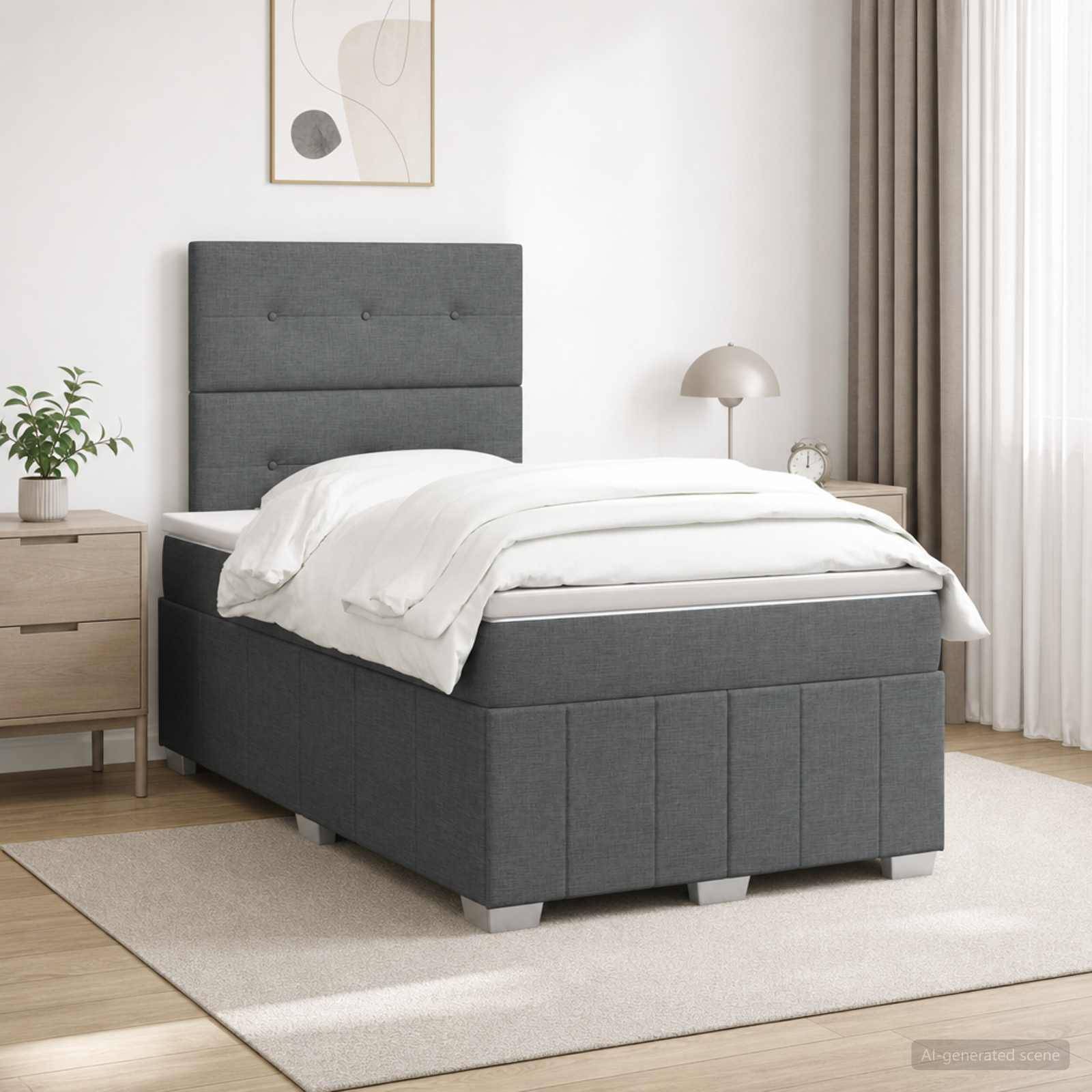 Graues gepolstertes Bett mit weißer Bettwäsche in einem minimalistischen Schlafzimmer, flankiert von einem Nachttisch, einer Lampe, einer Pflanze und Wandkunst.