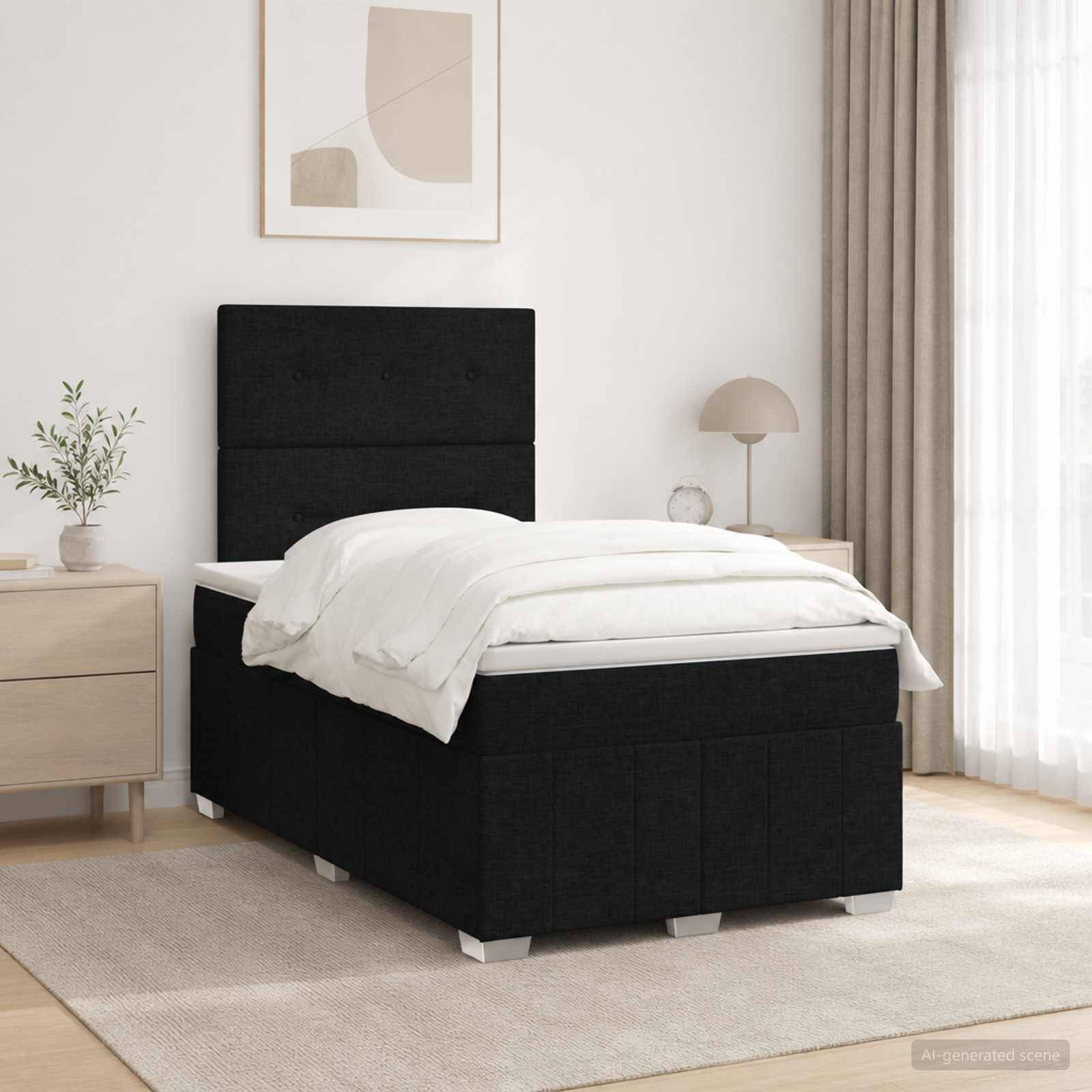 Ein modernes Schlafzimmer mit einem schwarzen Polsterbett, das mit weißer Bettwäsche bezogen ist, flankiert von hellen Holznachttischen und sanfter neutraler Dekoration.