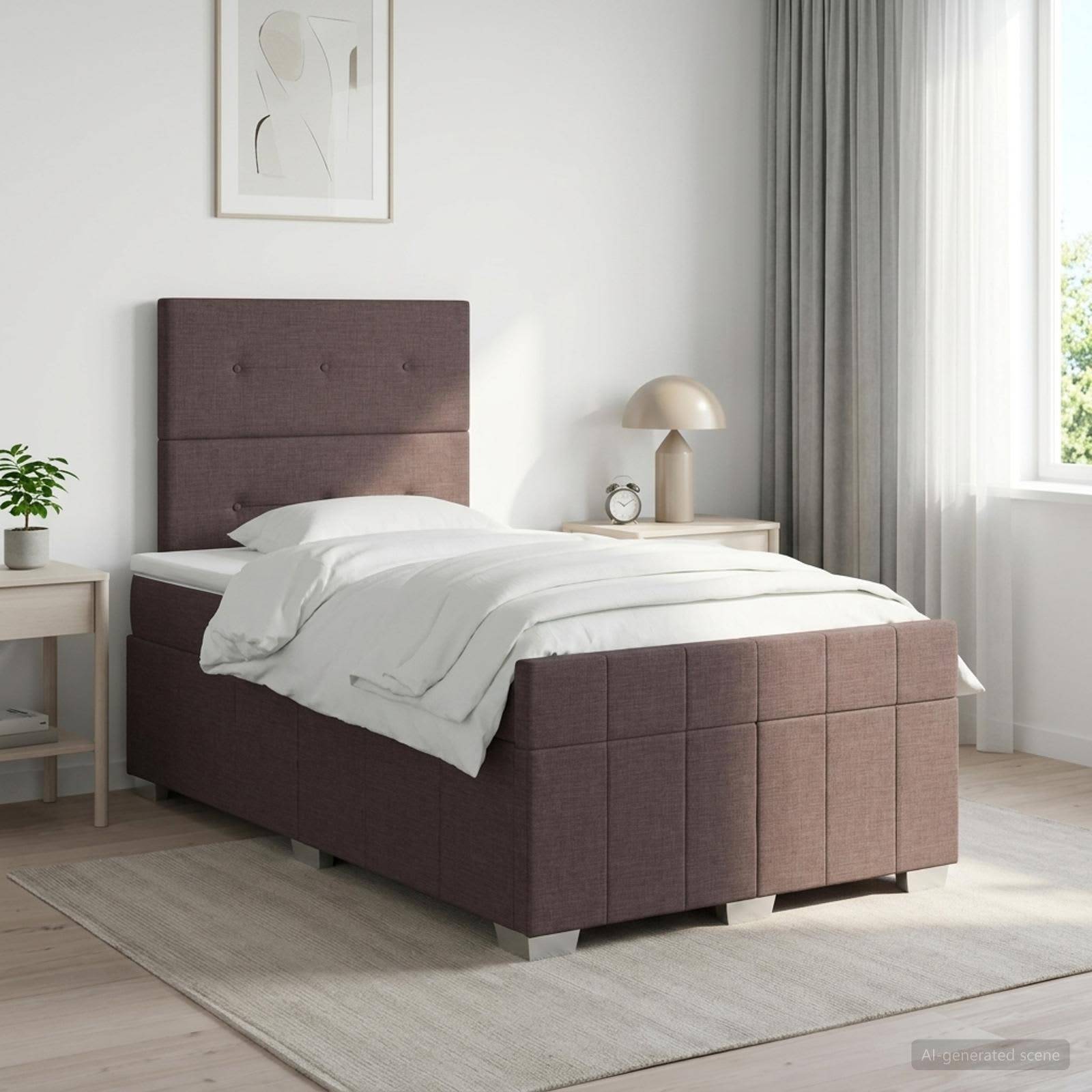 Modernes Schlafzimmer mit einem violett gepolsterten Einzelbett, weißer Bettwäsche, Nachttischen, Lampe, Pflanze und einem Fenster mit Vorhängen.