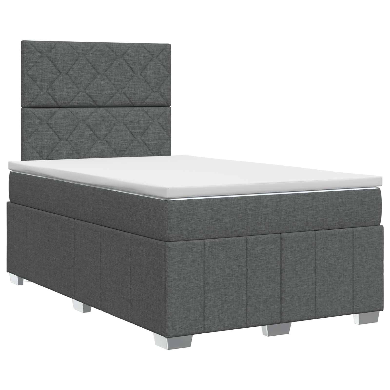 Grau gepolstertes Bett mit weißer Matratze und gepolstertem geometrischem Kopfteil auf weißem Hintergrund.