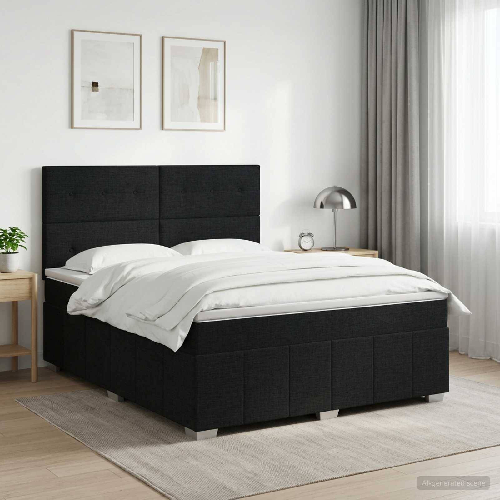 Modernes Schlafzimmer mit einem schwarzen gepolsterten Bett, weißer Bettwäsche, Nachttisch, Lampe, gerahmter Wandkunst und transparenten Vorhängen in einem hellen, minimalistischen Raum.