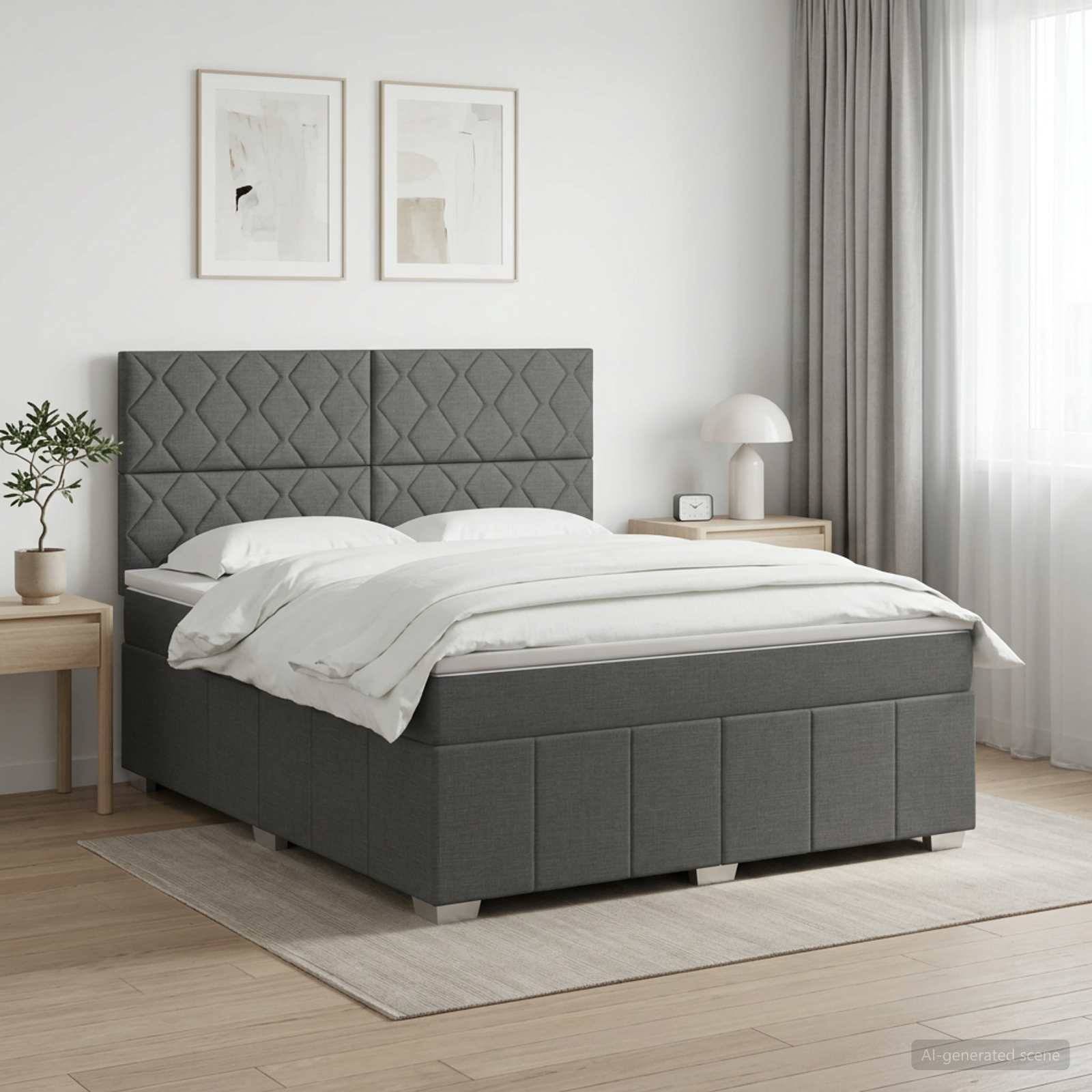 Modernes Schlafzimmer mit einem grau gepolsterten Bett, weißer Bettwäsche, Nachttischen, gerahmten Wandbildern und sanftem Tageslicht durch Vorhänge.