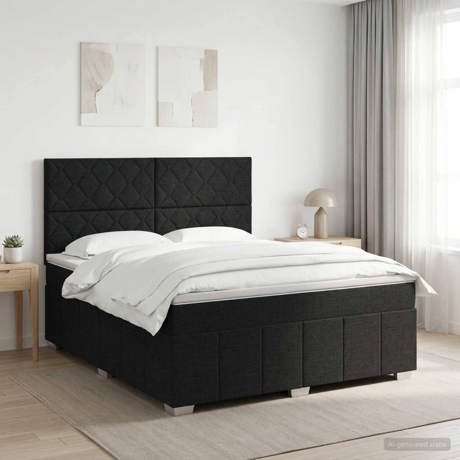 Modernes Schlafzimmer mit einem schwarzen gepolsterten Bett, weißer Bettwäsche und passenden Nachttischen neben einem großen Fenster mit Vorhängen.