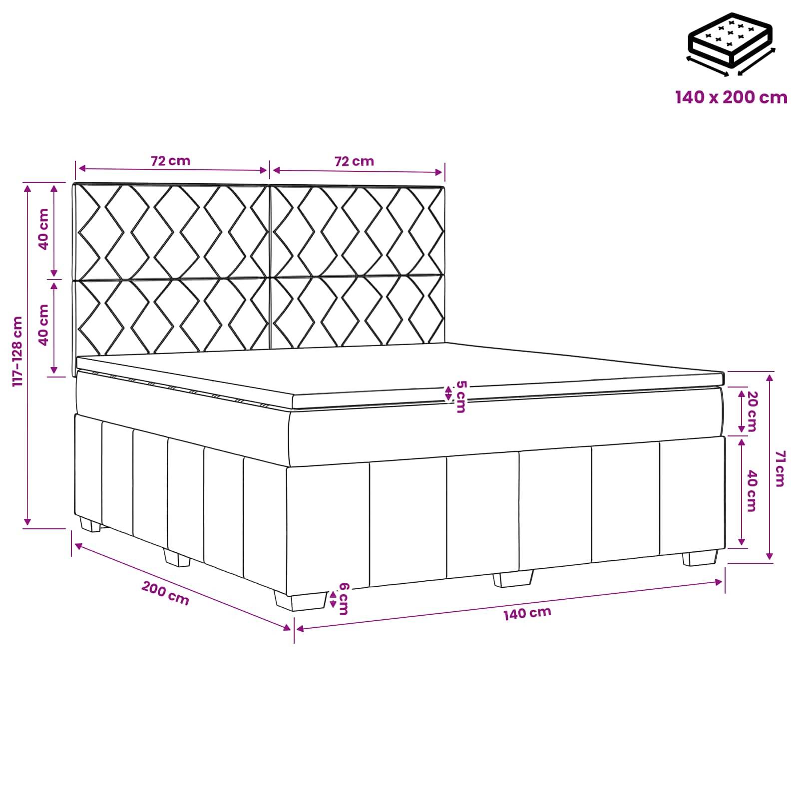 Maßstabgetreue Zeichnung eines Bettes mit gepolstertem Kopfteil und Sockel, beschriftet mit 140 x 200 cm, mit Seiten- und Kopfteilmessungen in Zentimetern.