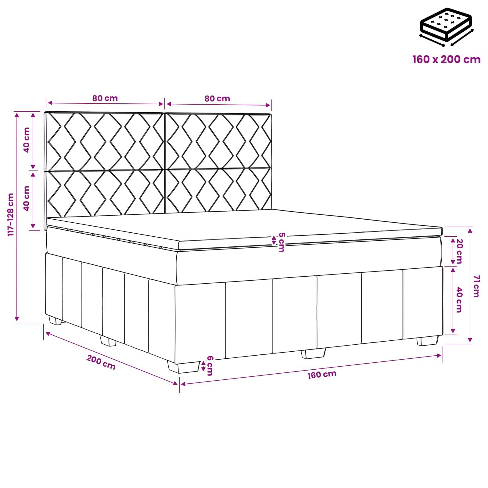 Maßstabgerechte Linienzeichnung eines Queen-Size-Polsterbetts mit gestepptem Kopfteil; Matratzenabmessungen 160 x 200 cm und Bettabmessungen in Zentimetern beschriftet.