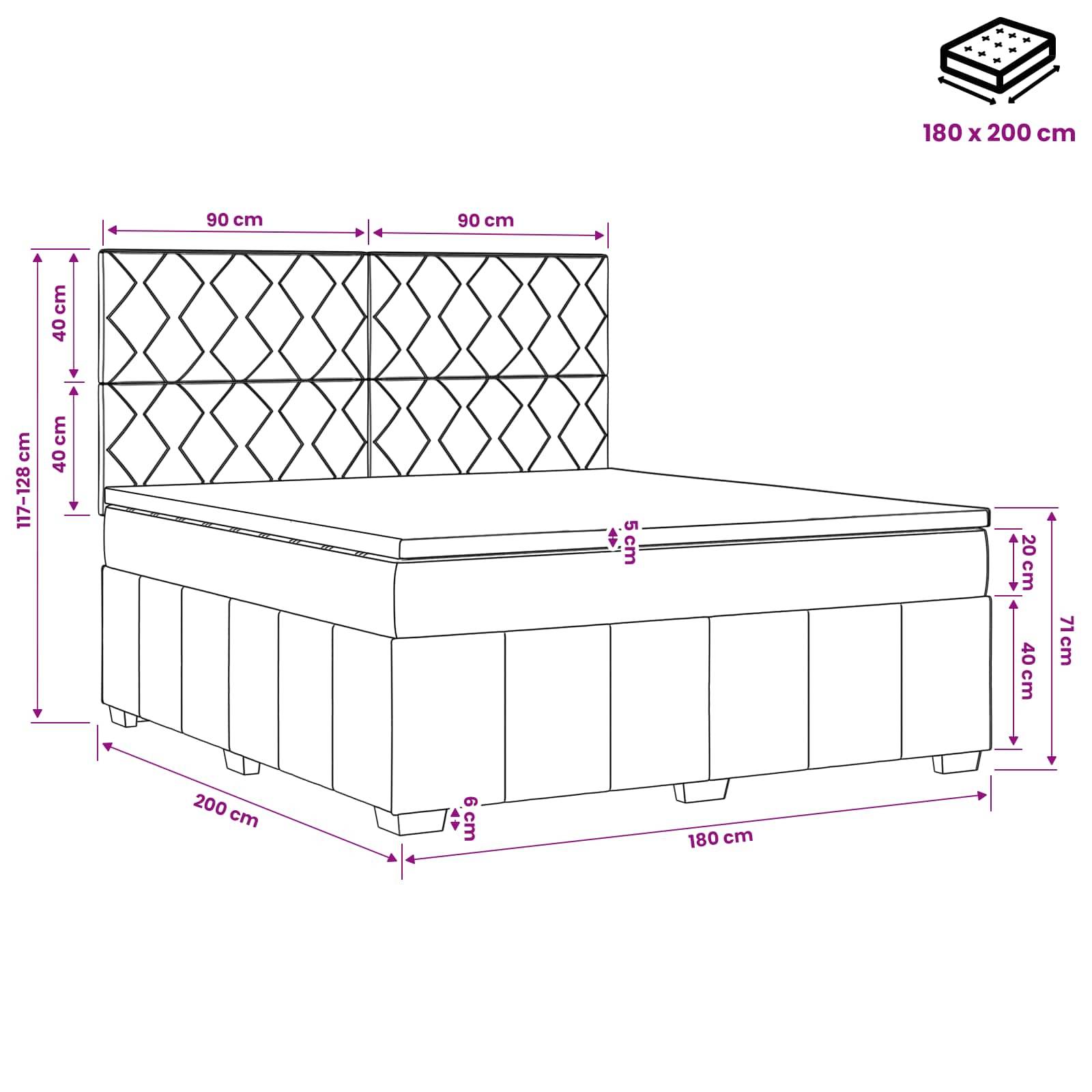 Beschriftete Linienzeichnung eines Betts mit gestepptem Kopfteil und Matratze, mit Abmessungen in Zentimetern: 180 x 200 cm Matratze und 200 cm Bettlänge.