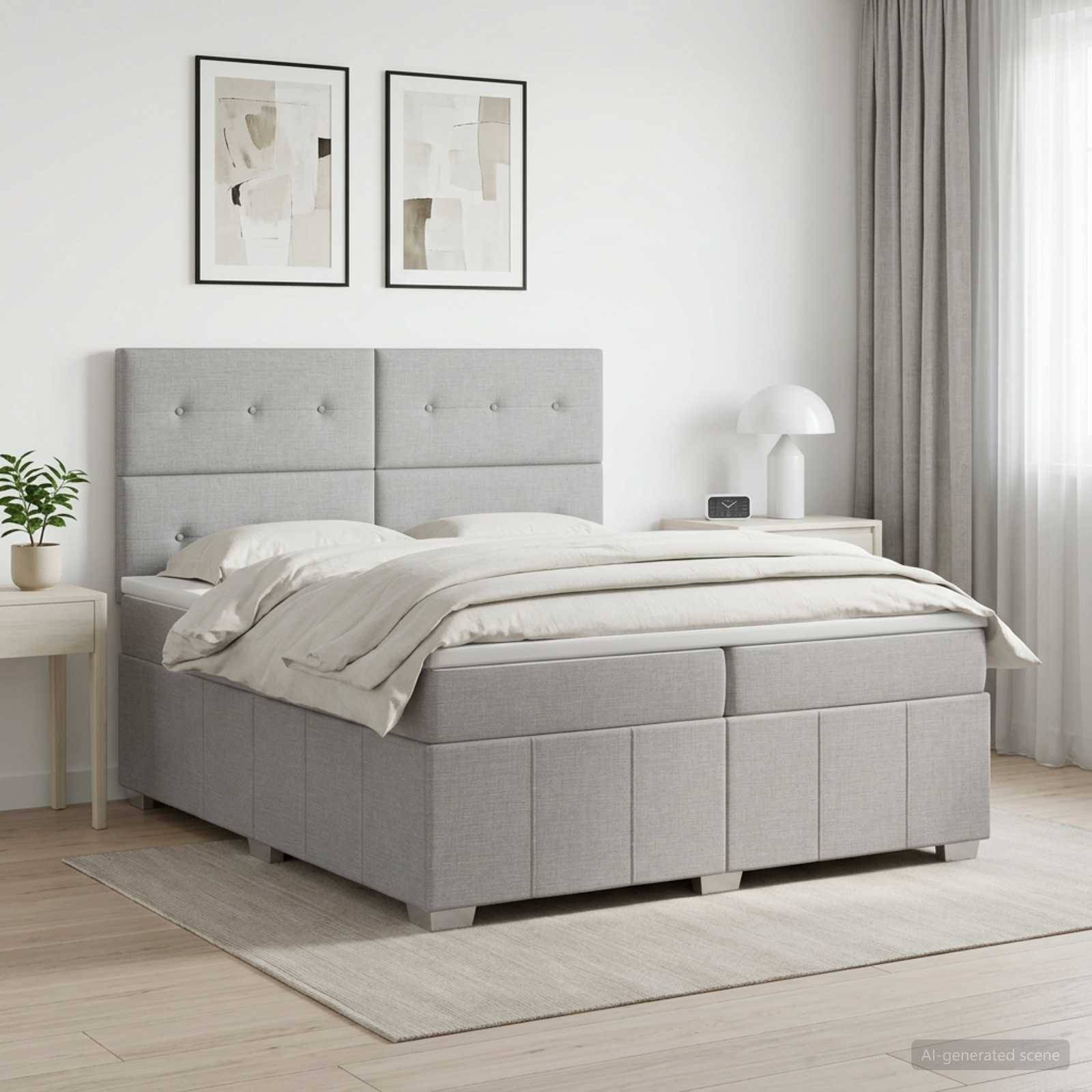 Modernes Schlafzimmer mit grauem gepolstertem Bett, weißer Bettwäsche, Nachttischen, gerahmten Wandbildern und sanftem natürlichem Licht von einem Fenster mit Vorhängen.