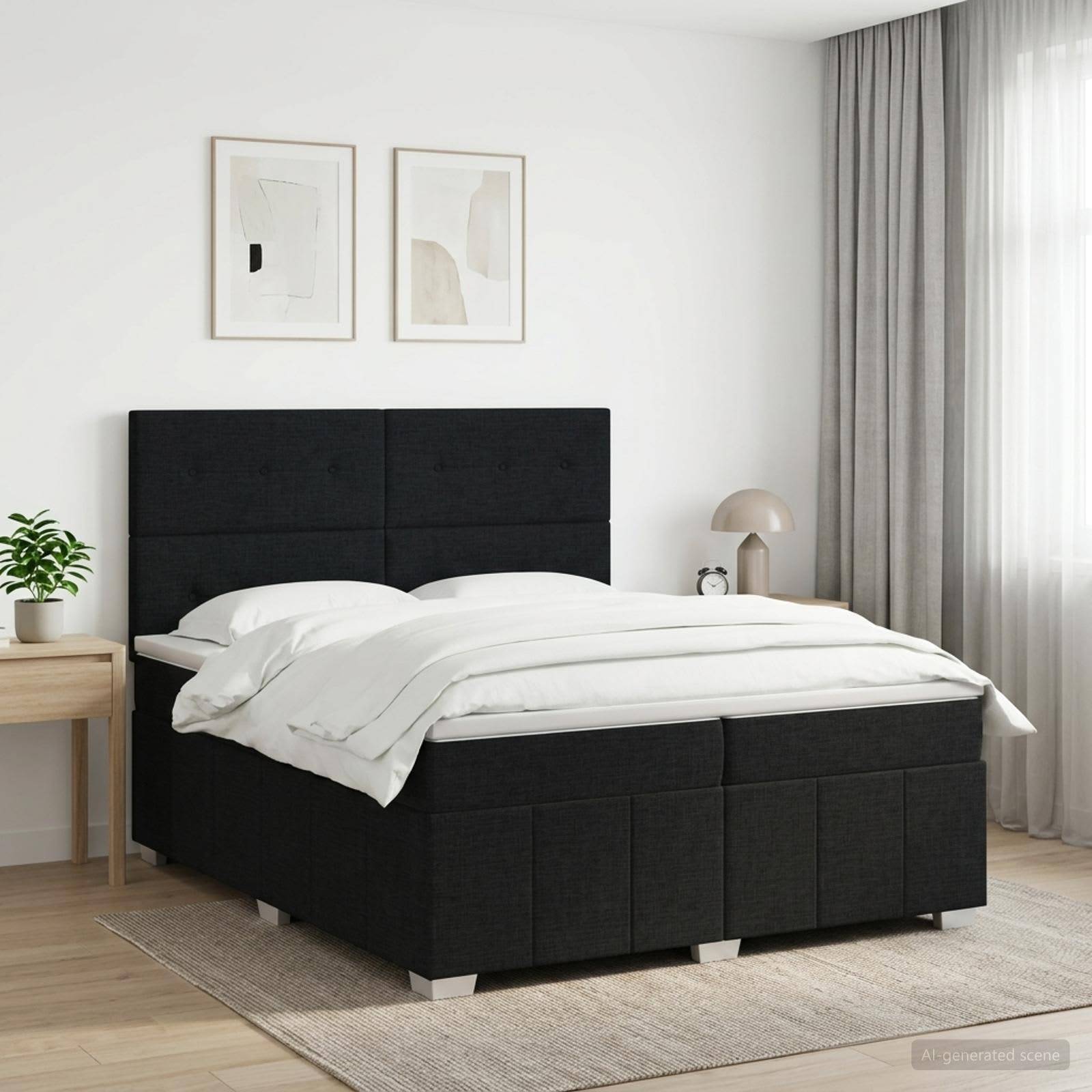 Minimales modernes Schlafzimmer mit einem schwarzen gepolsterten Bett, weißer Bettwäsche, Wandkunst in Rahmen, Nachttisch, Lampe, Vorhängen und einem Teppich.