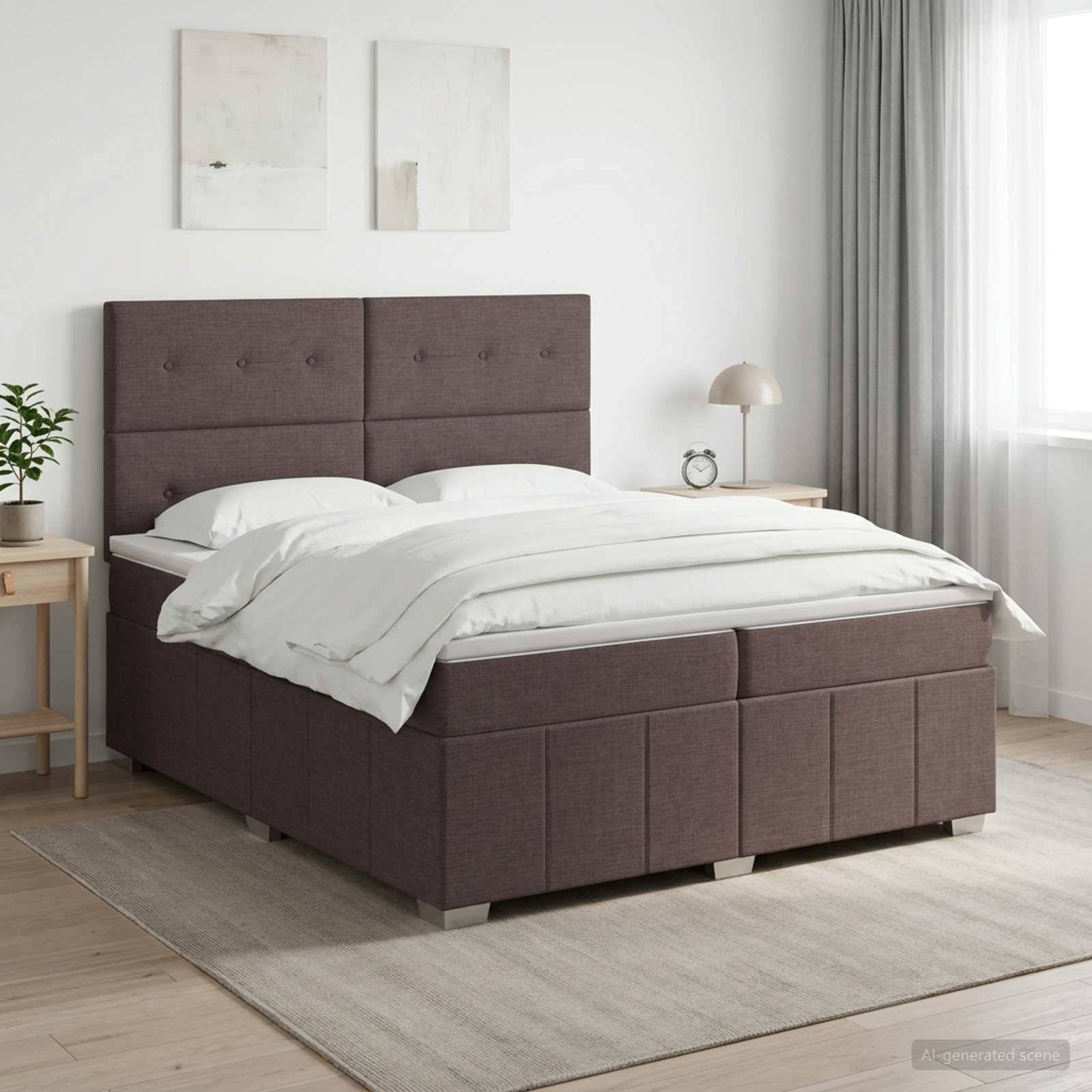 Ein ordentlich gemachtes braun gepolstertes Bett mit weißer Bettwäsche in einem hellen minimalistischen Schlafzimmer neben einem Nachttisch, einer Lampe und einem Fenster mit Vorhängen.