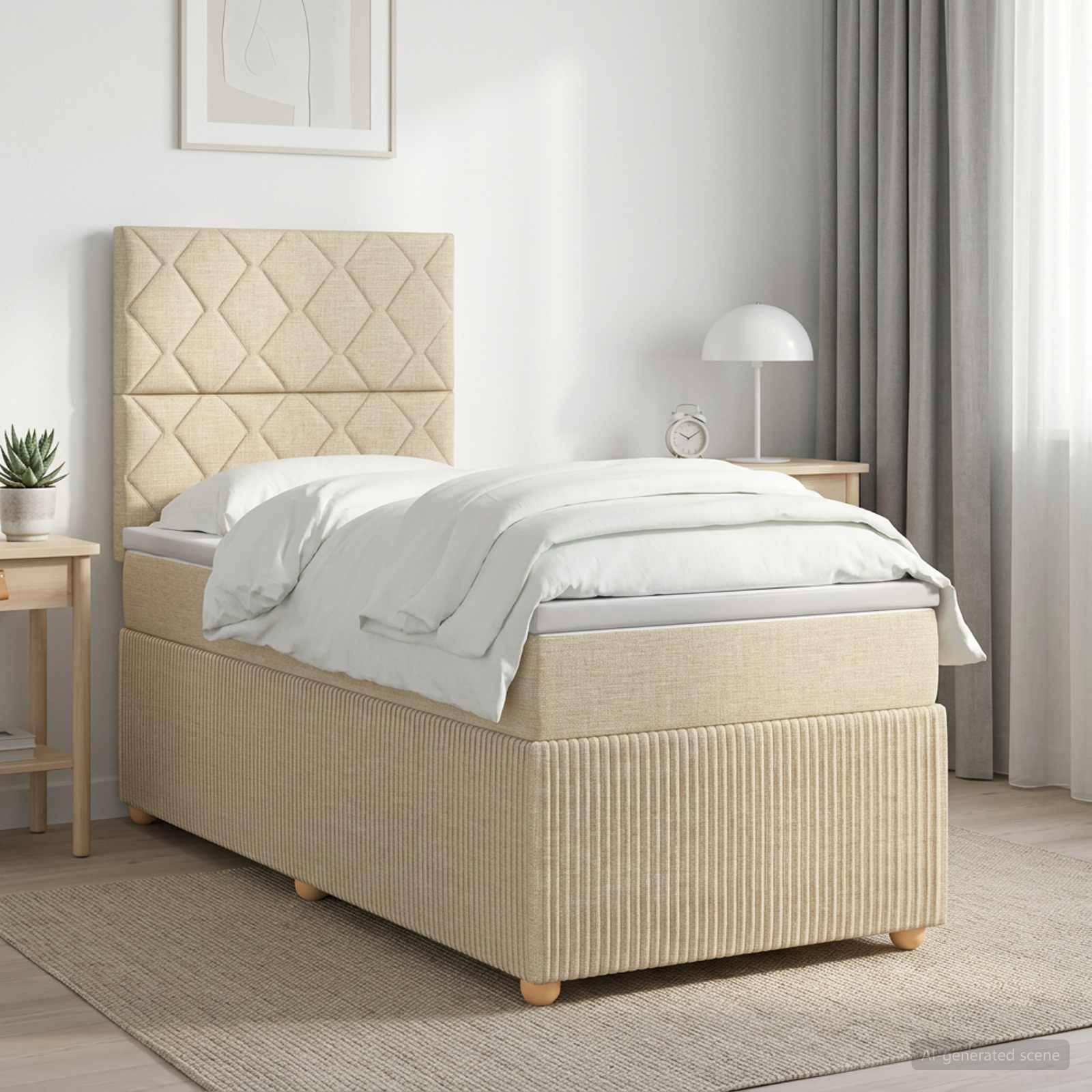 Ein beiges gepolstertes Einzelbett mit rautengemustertem Kopfteil, weißer Bettwäsche und passenden Schlafzimmermöbeln in einem hellen, minimalistischen Zimmer.