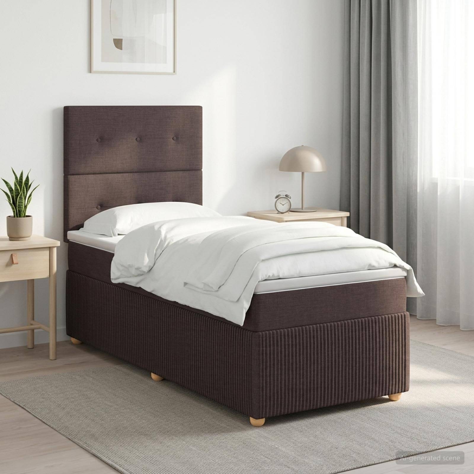 Ein ordentlich gemachtes Bett mit einem hohen gepolsterten Kopfteil in einem minimalistischen Schlafzimmer, flankiert von zwei kleinen Nachttischen, einer Lampe und einer Pflanze am Fenster.