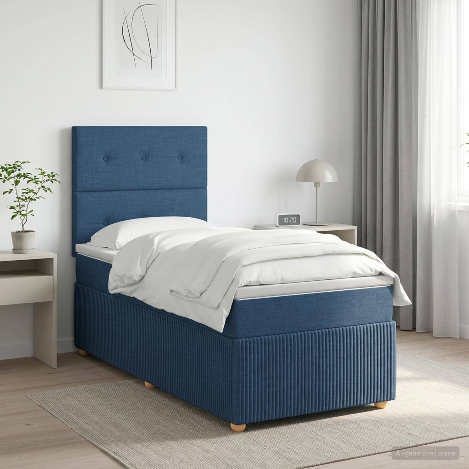 Blaues gepolstertes Einzelbett mit weißer Bettwäsche in einem hellen minimalistischen Schlafzimmer, flankiert von kleinen Nachttischen und Vorhängen.
