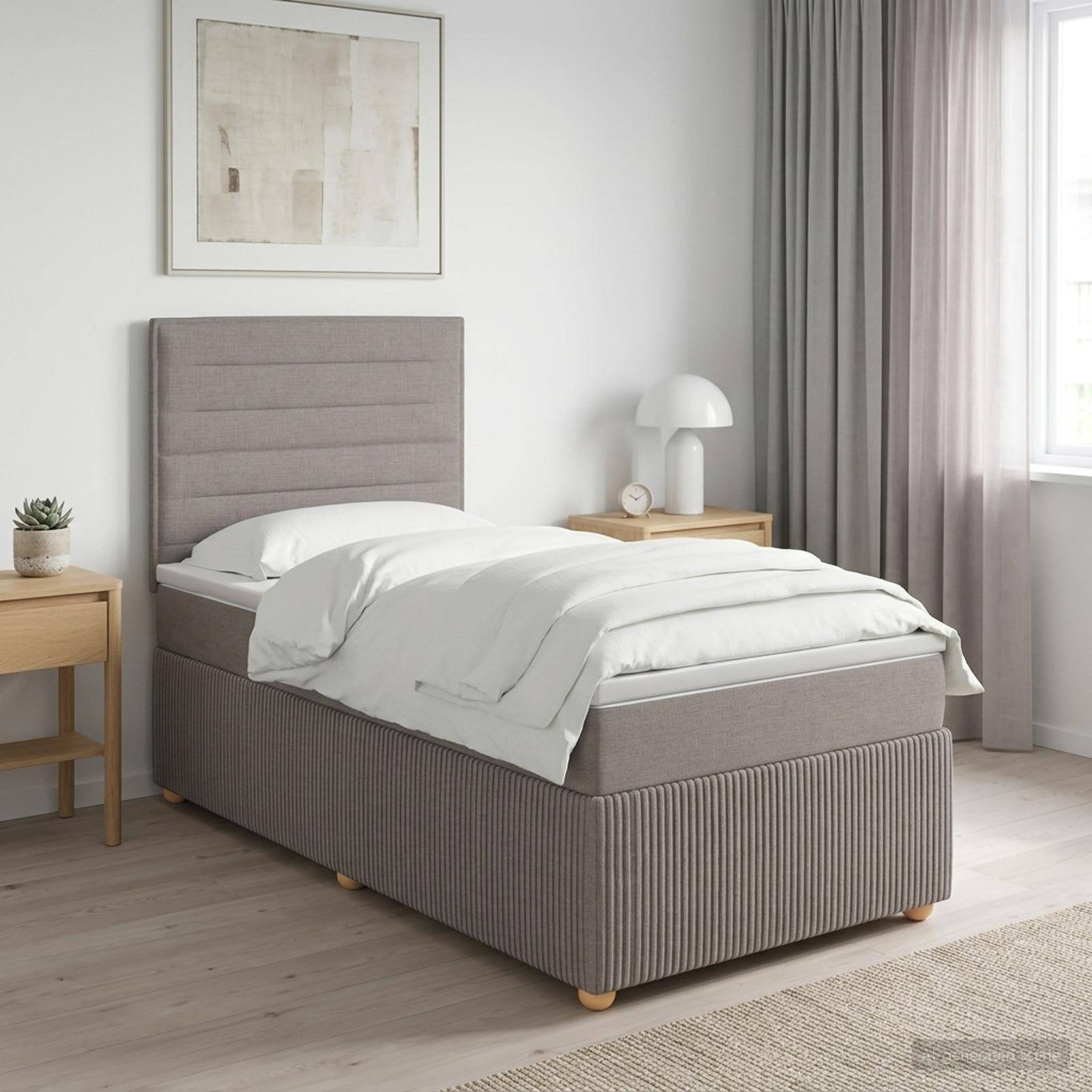 Ein ordentlich gemachtes Einzelbett in einem hellen minimalistischen Schlafzimmer mit Nachttischen, Lampe, Wandkunst und Vorhängen an einem Fenster.