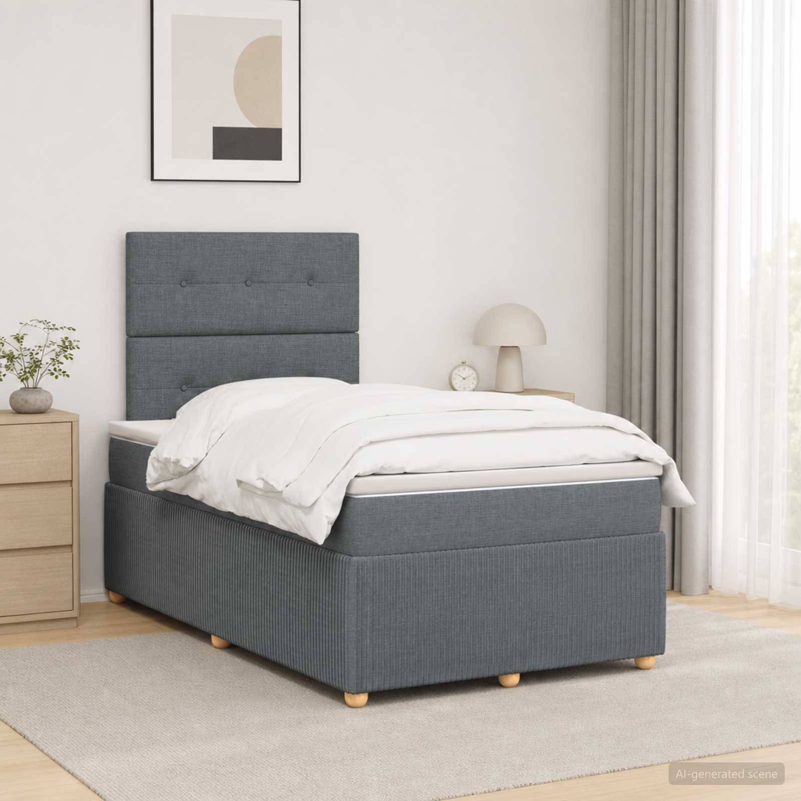 Modernes Schlafzimmer mit einem grau gepolsterten Einzelbett, weißer Bettwäsche, Nachttisch, Lampe und gerahmter Wandkunst neben einem hellen Fenster.