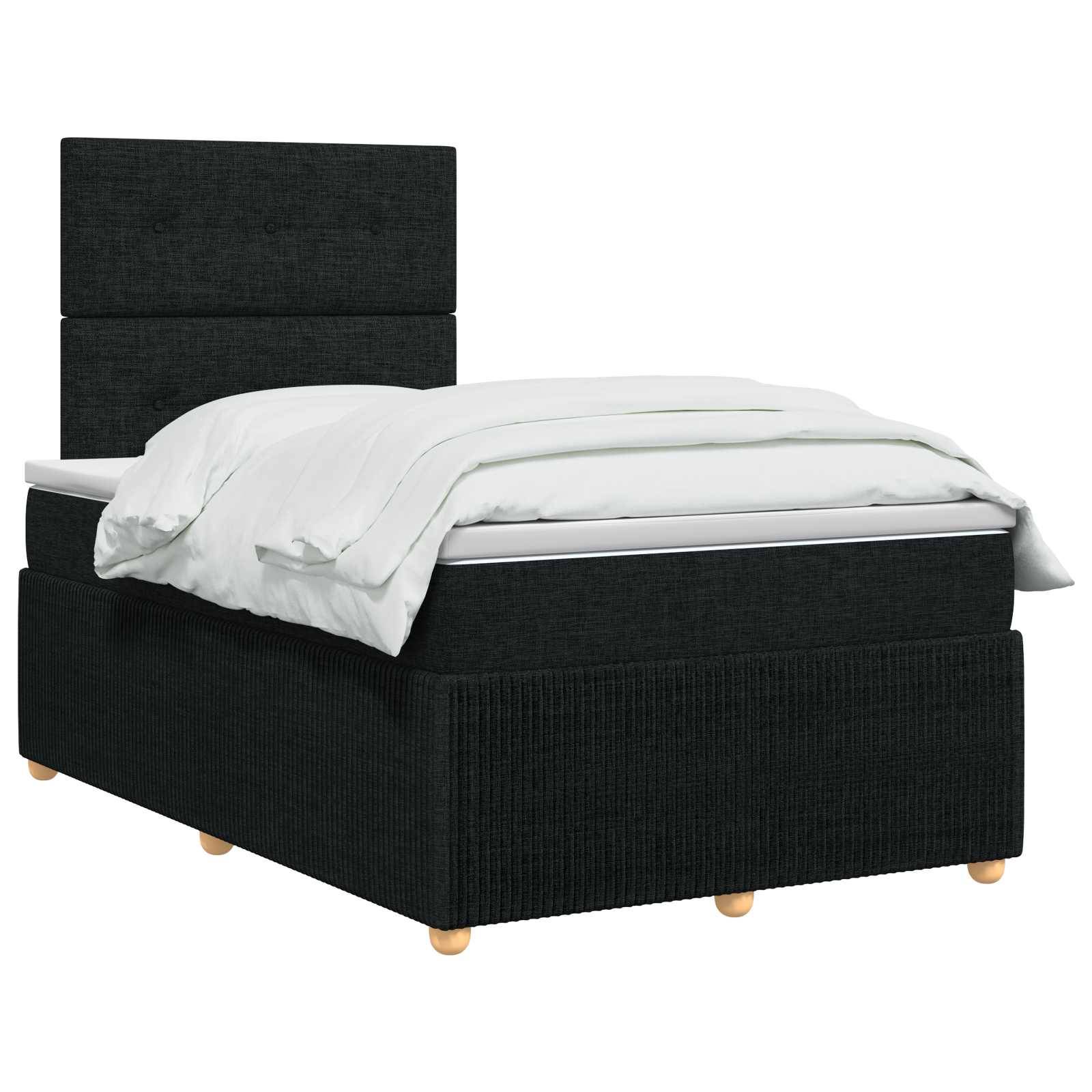 Schwarzes gepolstertes Bett mit hohem Kopfteil, weiße Bettwäsche und helle Holzfüße auf neutralem Hintergrund.