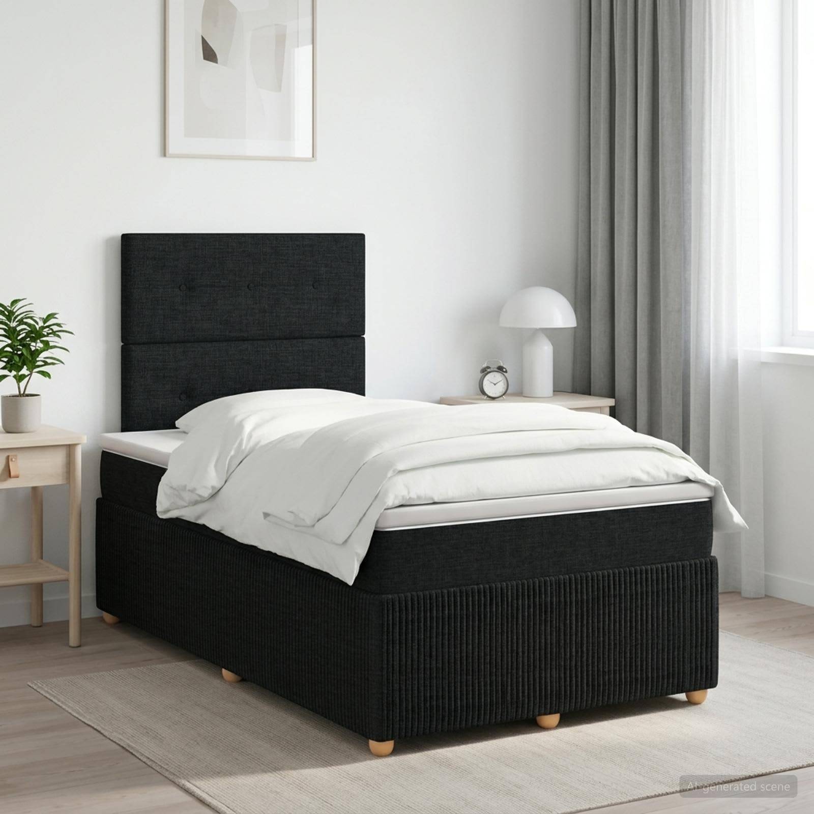 Ein modernes Bett mit schwarzem Polsterbezug und weißer Bettwäsche in einem hellen, minimalistischen Schlafzimmer, neben einem kleinen Tisch und einer Lampe in der Nähe eines Fensters.