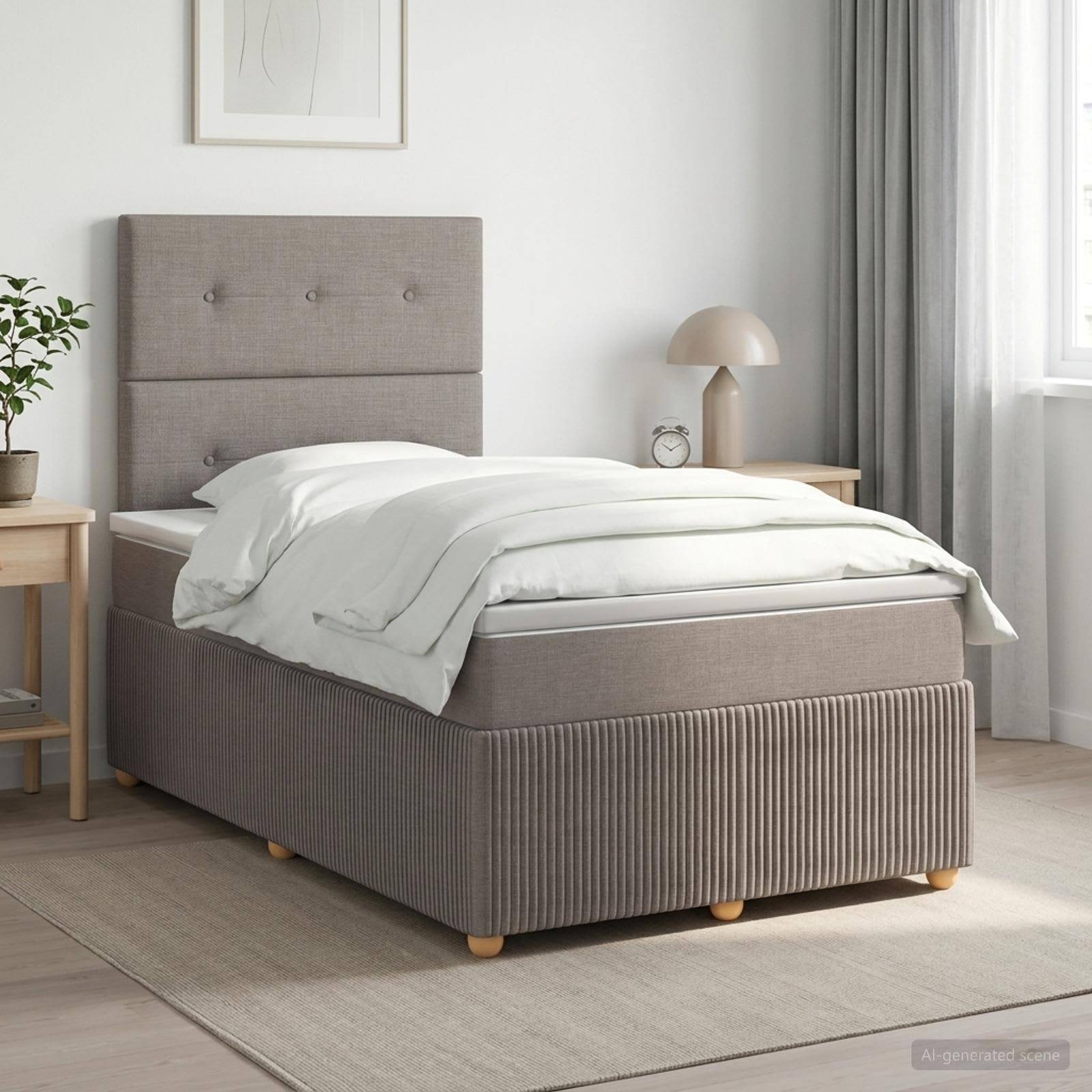Ein ordentlich gemachtes beige gepolstertes Bett mit weißer Bettwäsche in einem hellen, minimalistischen Schlafzimmer, flankiert von Nachttischen und weichen Vorhängen.