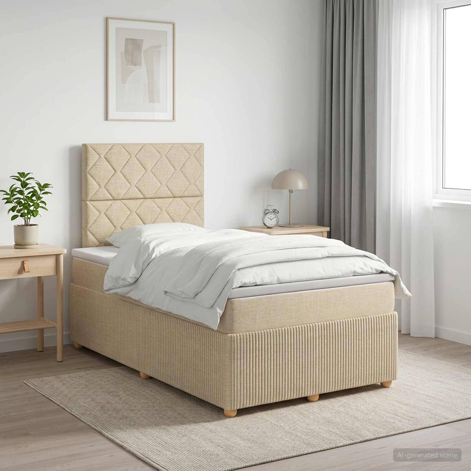 Ein minimalistisches beiges Schlafzimmer mit einem einzelnen gepolsterten Bett, weißer Bettwäsche, Nachttischen, Lampe, Pflanze, gerahmter Kunst und einem Fenster mit Vorhängen.