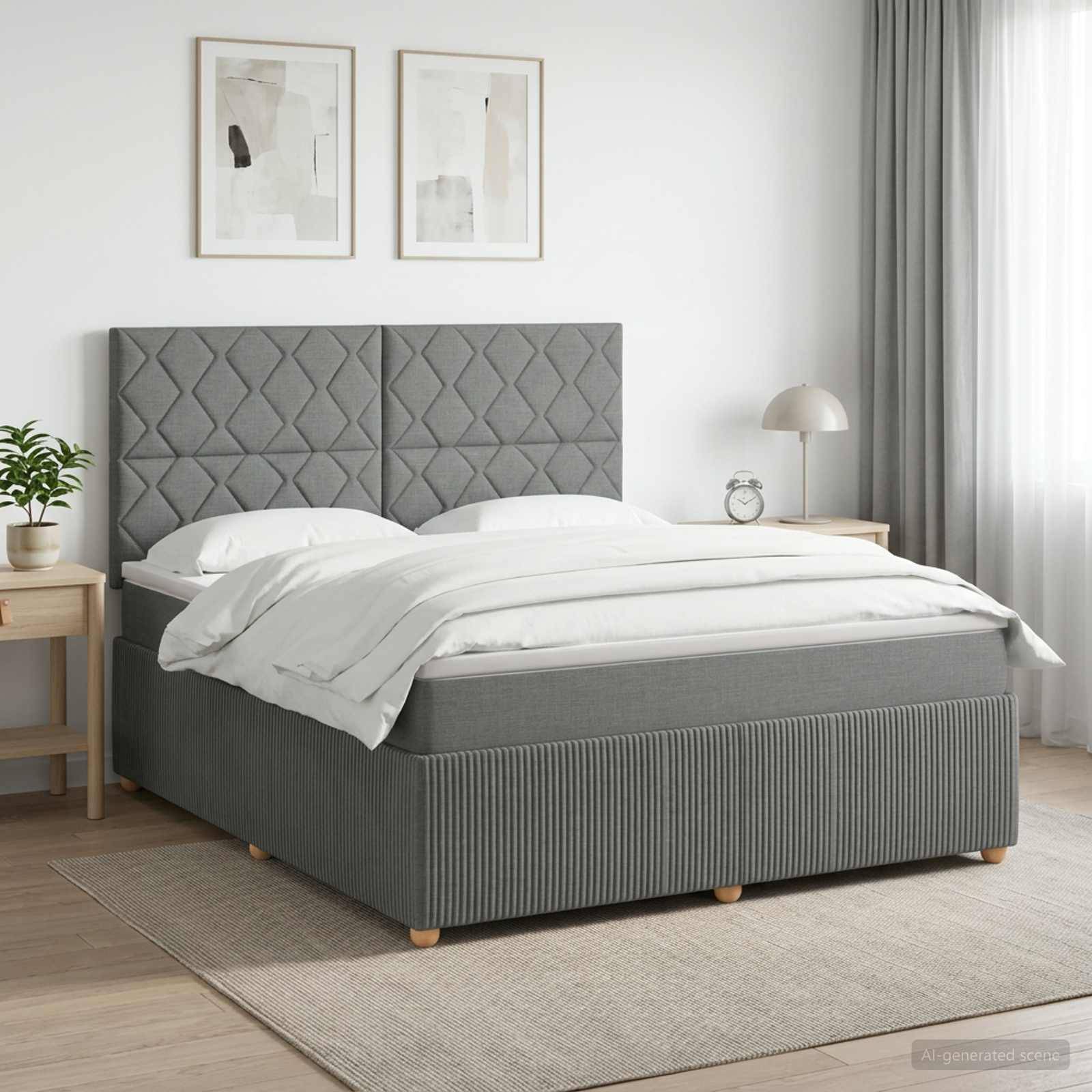 Modernes grau gepolstertes Bett in einem hellen Schlafzimmer, mit weißer Bettwäsche, Nachttischen, Lampe, Wandkunst und transparenten Vorhängen.