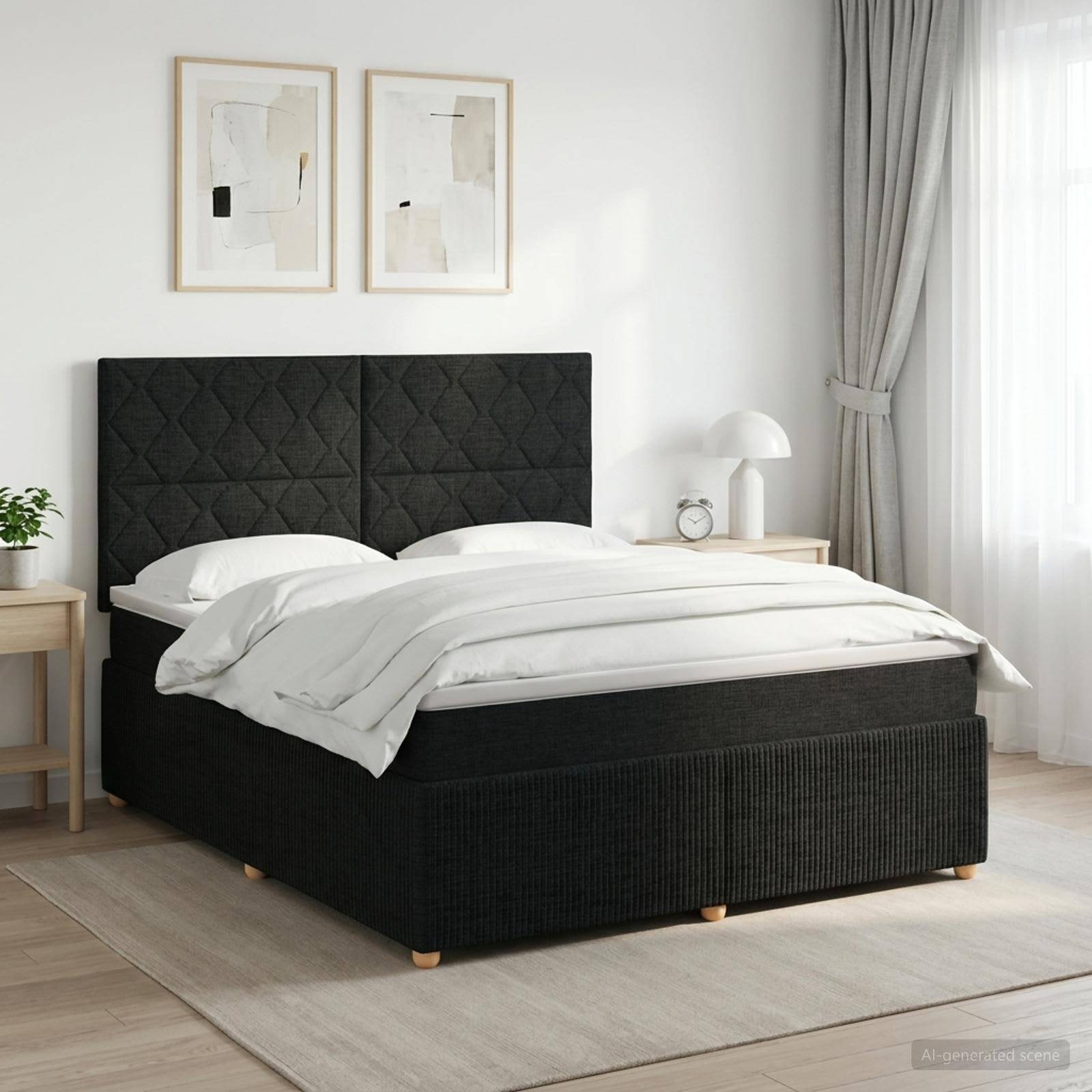 Modernes Schlafzimmer mit einem schwarzen gepolsterten Bett, weißer Bettwäsche, Nachttischen, gerahmten Wandbildern und weichem Tageslicht durch Vorhänge.