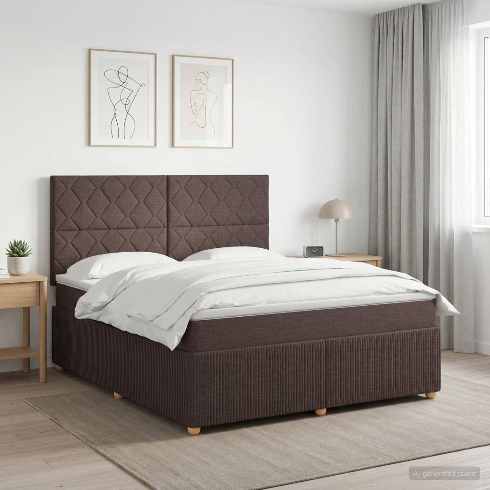 Modernes Schlafzimmer mit einem gepolsterten Bett in Braun, weißer Bettwäsche, zwei gerahmten Linienkunstdrucken, Nachttischen, einer Lampe und grauen Vorhängen an einem Fenster.
