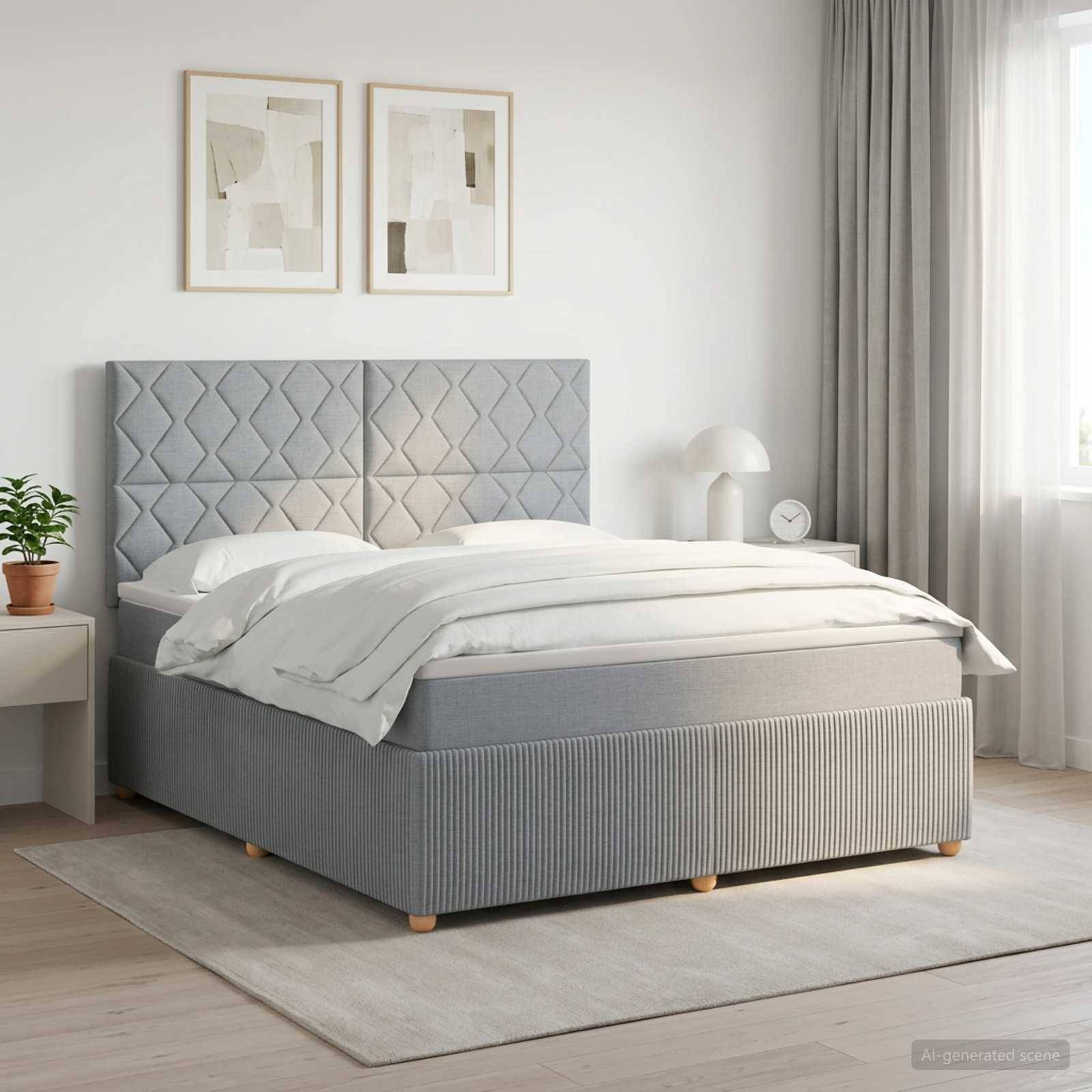 Ein ordentlich gemachtes grau gepolstertes Bett mit geometrischem Kopfteil in einem hellen minimalistischen Schlafzimmer, neben einem Nachttisch, einer Lampe, einer Pflanze und Wandkunst im Rahmen.