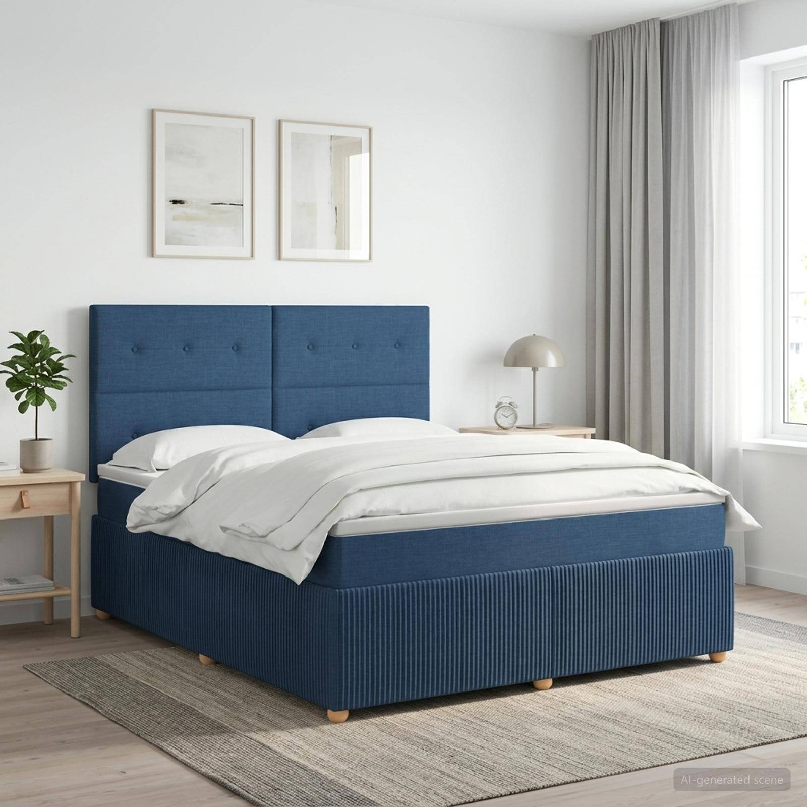 Blaupolstertes Bett in einem hellen minimalistischen Schlafzimmer, mit weißer Bettwäsche, Nachttischen, Bildern in Rahmen und einem Fenster mit grauen Vorhängen.