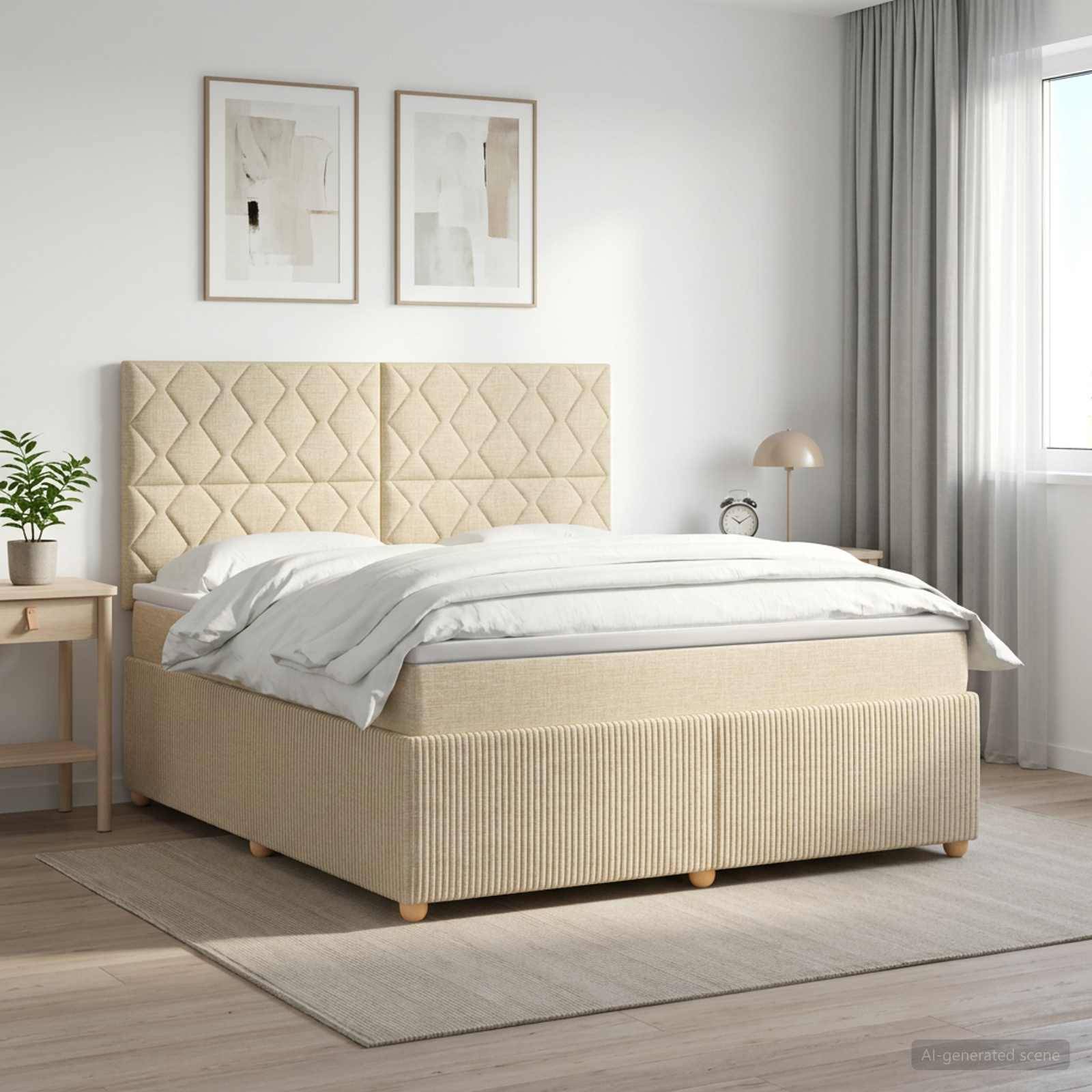 Minimalistisches Schlafzimmer mit beigem Polsterbett, weißer Bettwäsche, Nachttisch, Lampe, gerahmtem Wandbild und Fenster mit Vorhängen.