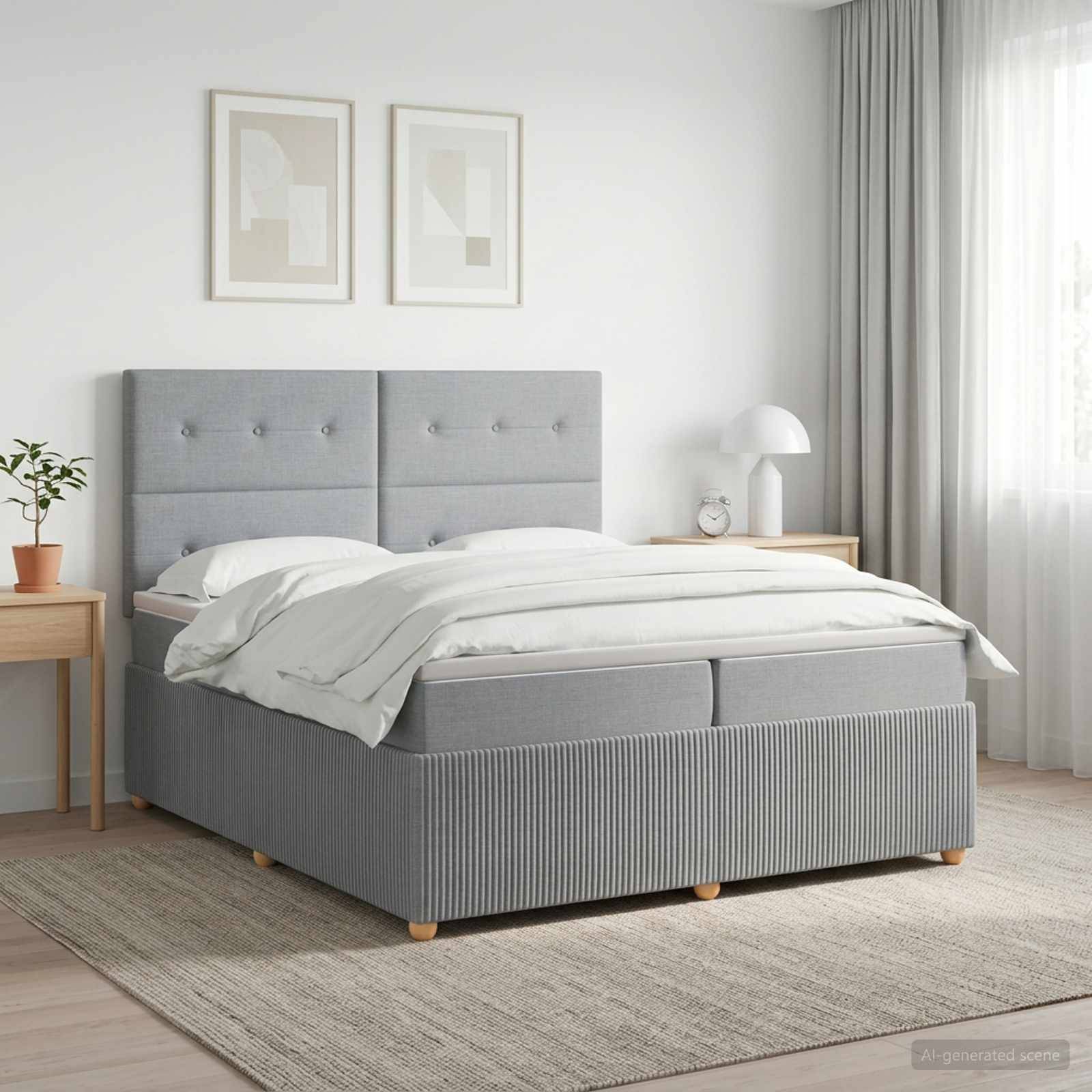 Grau gepolstertes Bett in einem hellen minimalistischen Schlafzimmer mit weißer Bettwäsche, Nachttischen, gerahmten Wandbildern und transparenten Vorhängen.
