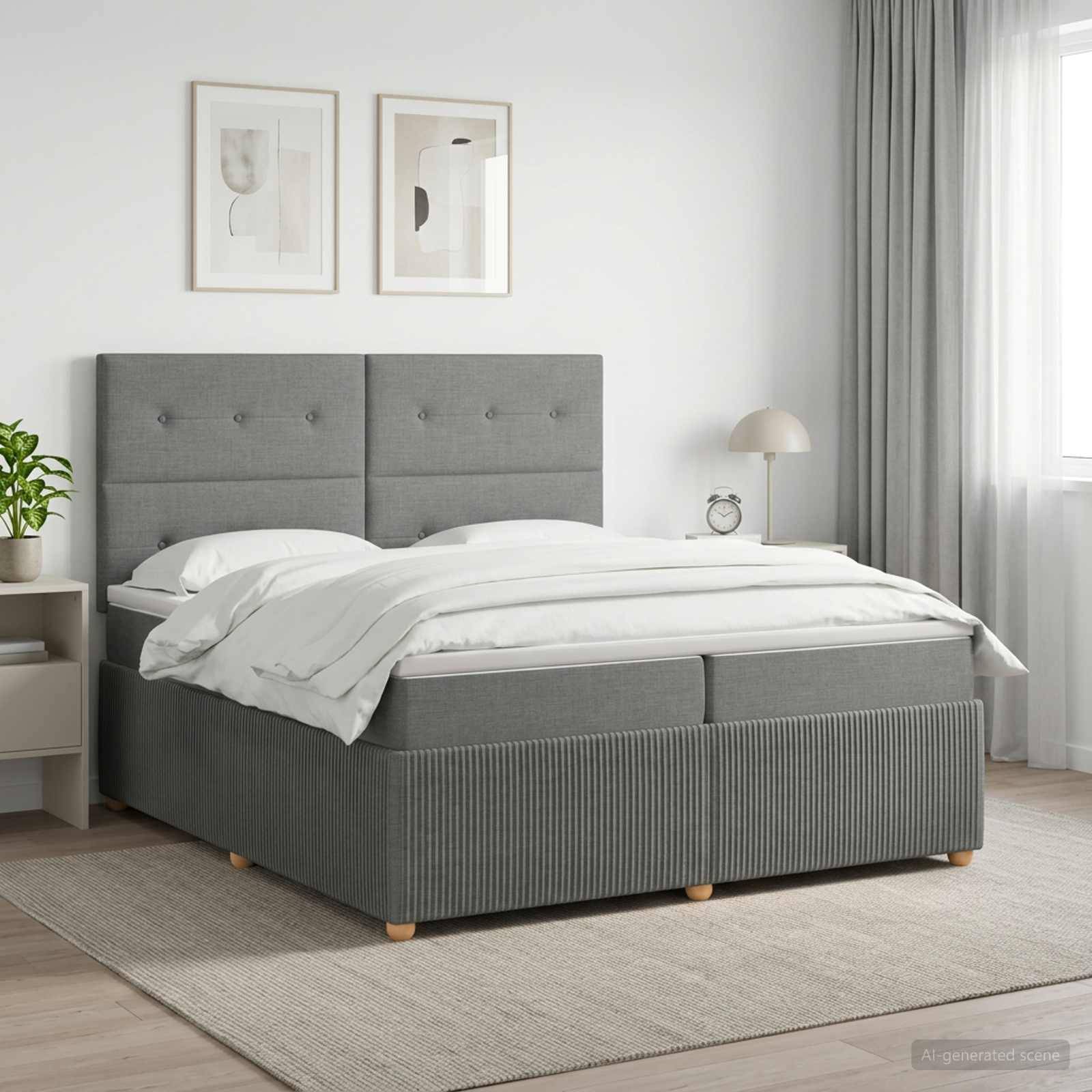 Ein ordentlich gemachtes grau gepolstertes Bett in einem hellen, minimalistischen Schlafzimmer mit weißer Bettwäsche, Nachttischlampe, Bilderrahmen, Vorhang und Teppich.