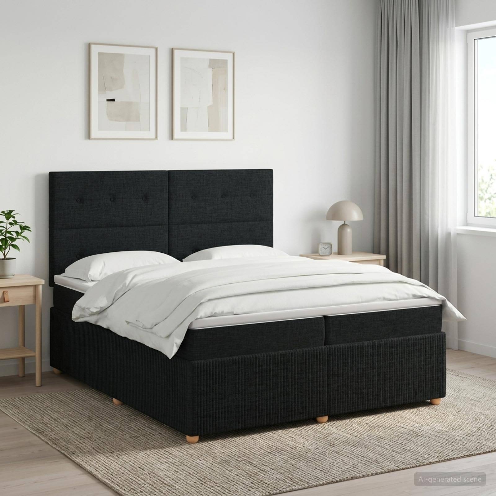 Modernes Schlafzimmer mit einem schwarzen gepolsterten Bett, das mit weißer Bettwäsche bezogen ist, flankiert von Nachttischen, gerahmten Kunstwerken und einem Fenster mit Vorhängen.