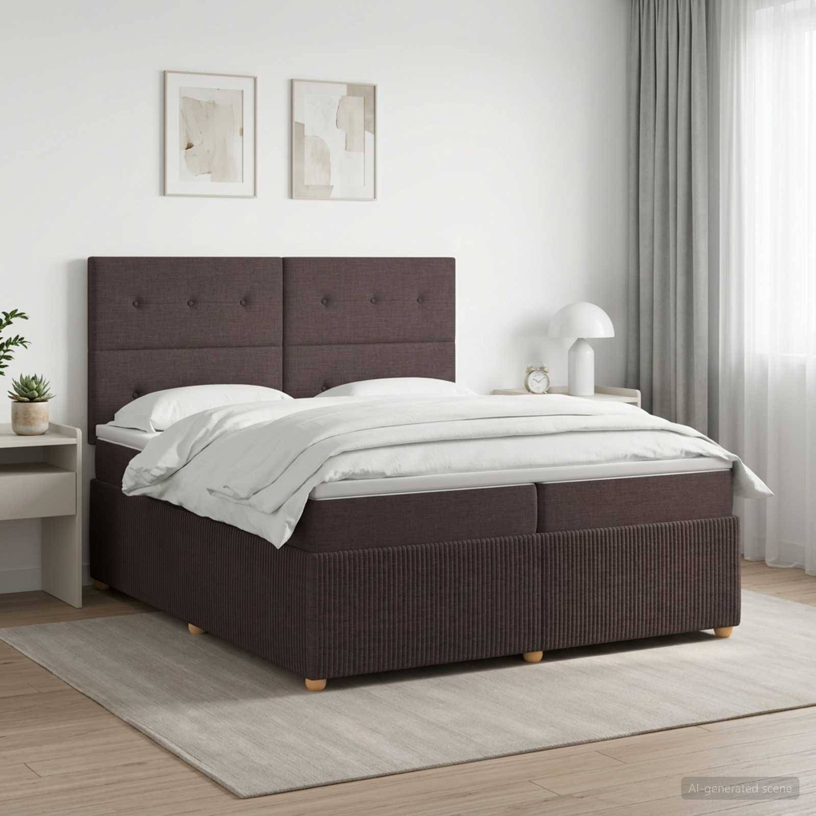 Modernes Schlafzimmer mit einem dunkel gepolsterten Bett, das mit weißer Bettwäsche bezogen ist, gerahmter Kunst darüber, Nachttischen und sanftem Naturlicht durch transparente Vorhänge.