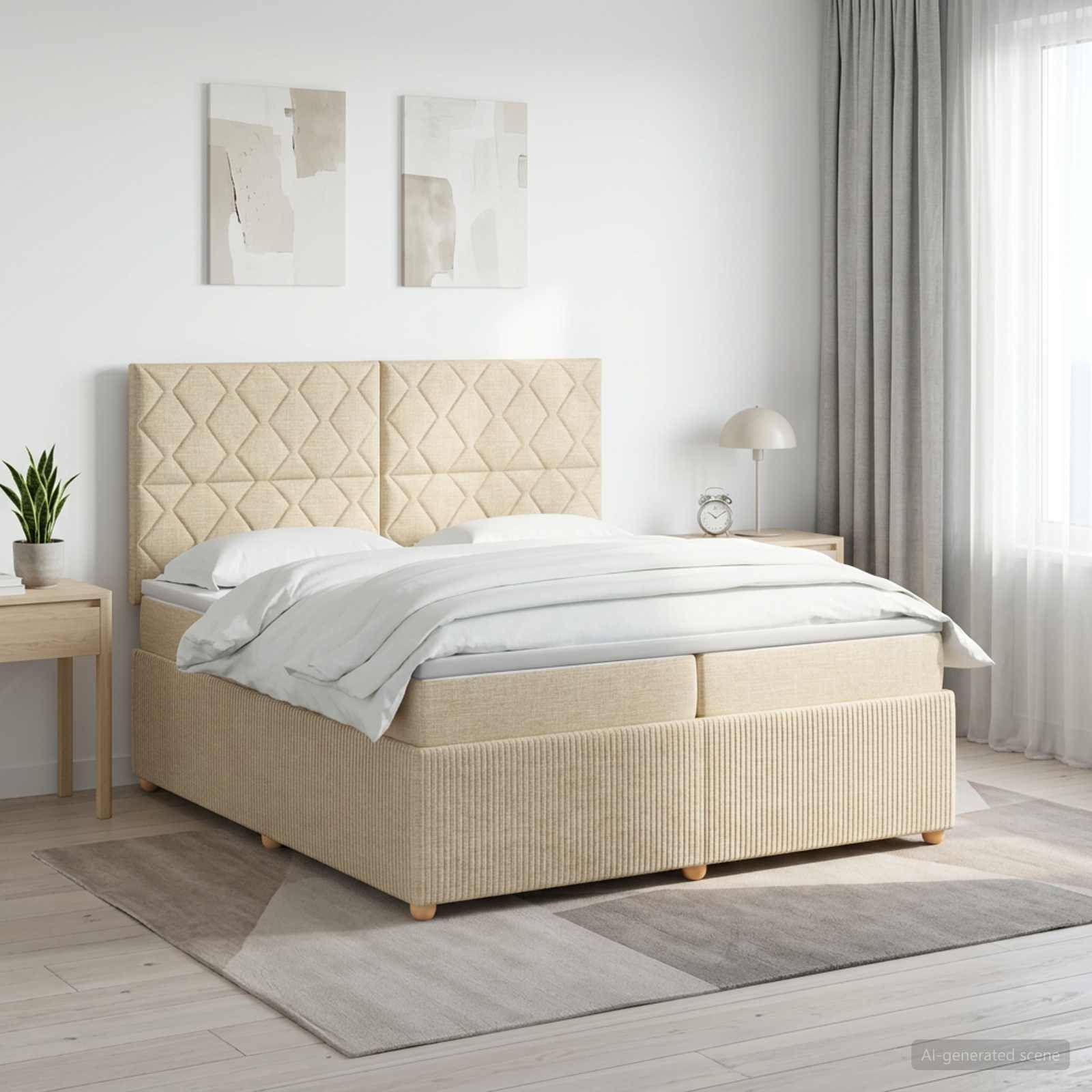 Minimalistisches Schlafzimmer mit einem beige gepolsterten Bett, weißer Bettwäsche, Nachttischen, Wandkunst, Lampe, Pflanze und transparenten Vorhängen in einem hellen Raum.