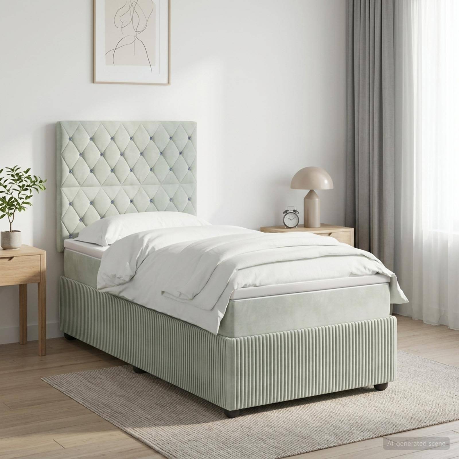 Ein ordentlich gemachtes Einzelbett mit gepolstertem, hellgrünem Kopfteil steht in einem minimalistischen Schlafzimmer neben zwei hölzernen Nachttischen, einer Pflanze, einer Lampe und einem Fenster mit Vorhängen.