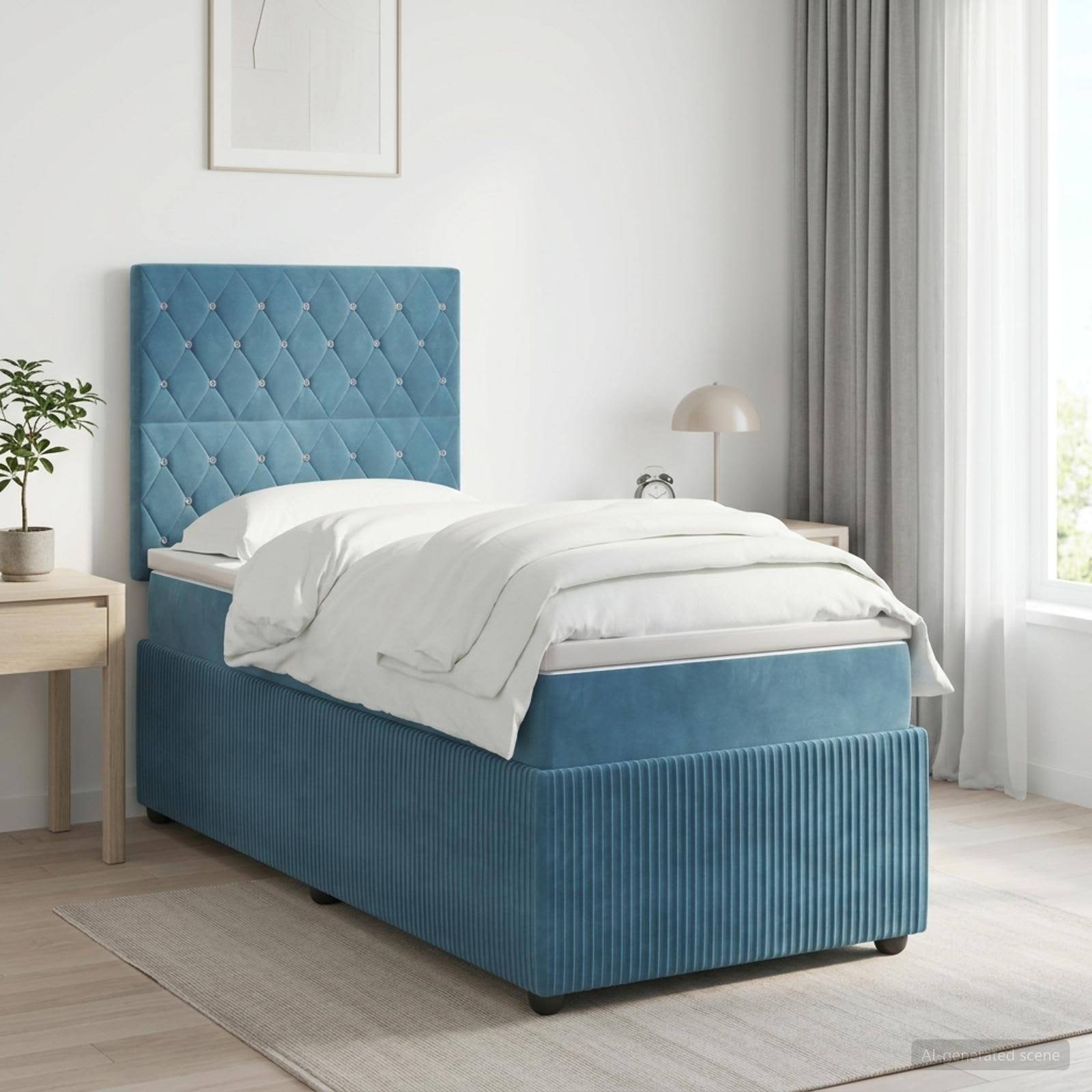 Blaugepolstertes Einzelbett mit gestepptem Kopfteil und weißer Bettwäsche in einem hellen, minimalistischen Schlafzimmer