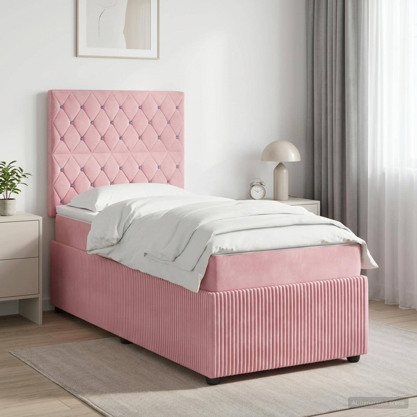 Rosa gepolstertes Einzelbett mit gestepptem Kopfteil, weiße Bettwäsche und ein Nachttisch in einem hellen modernen Schlafzimmer.
