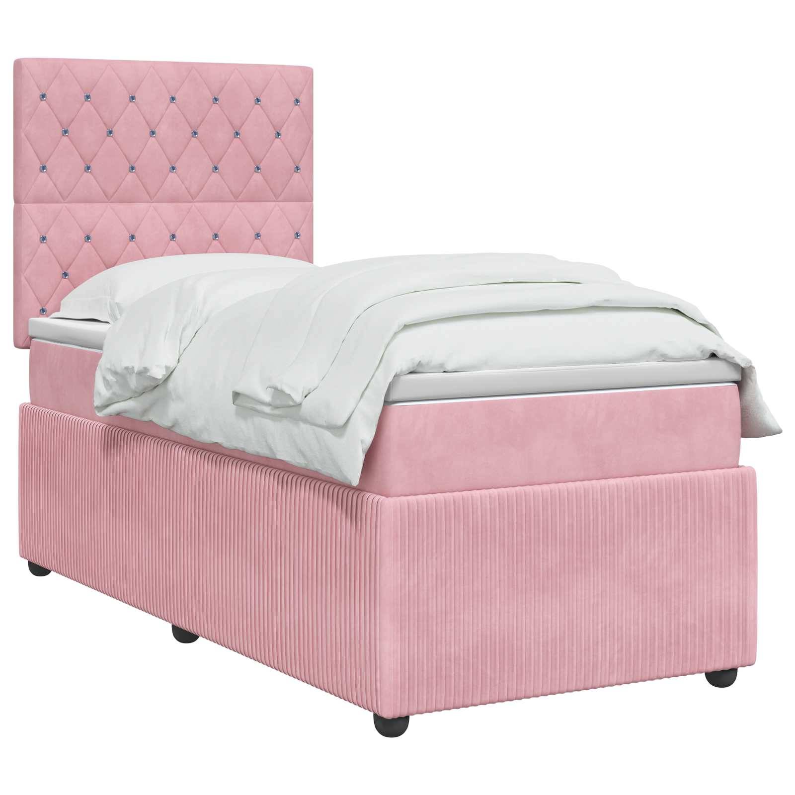 Rosa gepolstertes Einzelbett mit gestepptem Kopfteil und weißer Bettwäsche auf einfachem weißem Hintergrund.